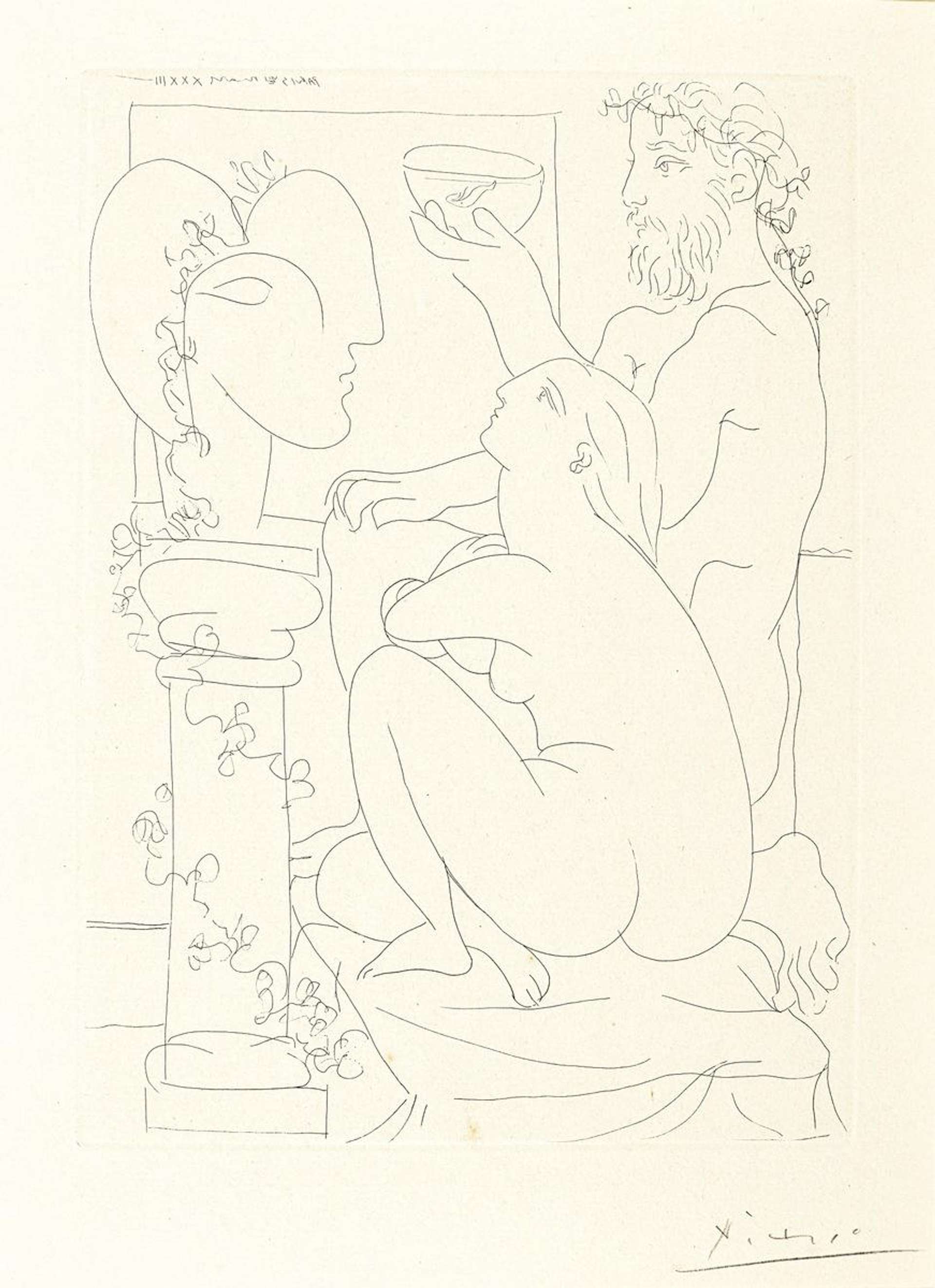 This etching by Pablo Picasso shows a nude sculptor and model looking at a classically-inspired bust. Both the artist and the bust are crowned with laurels.