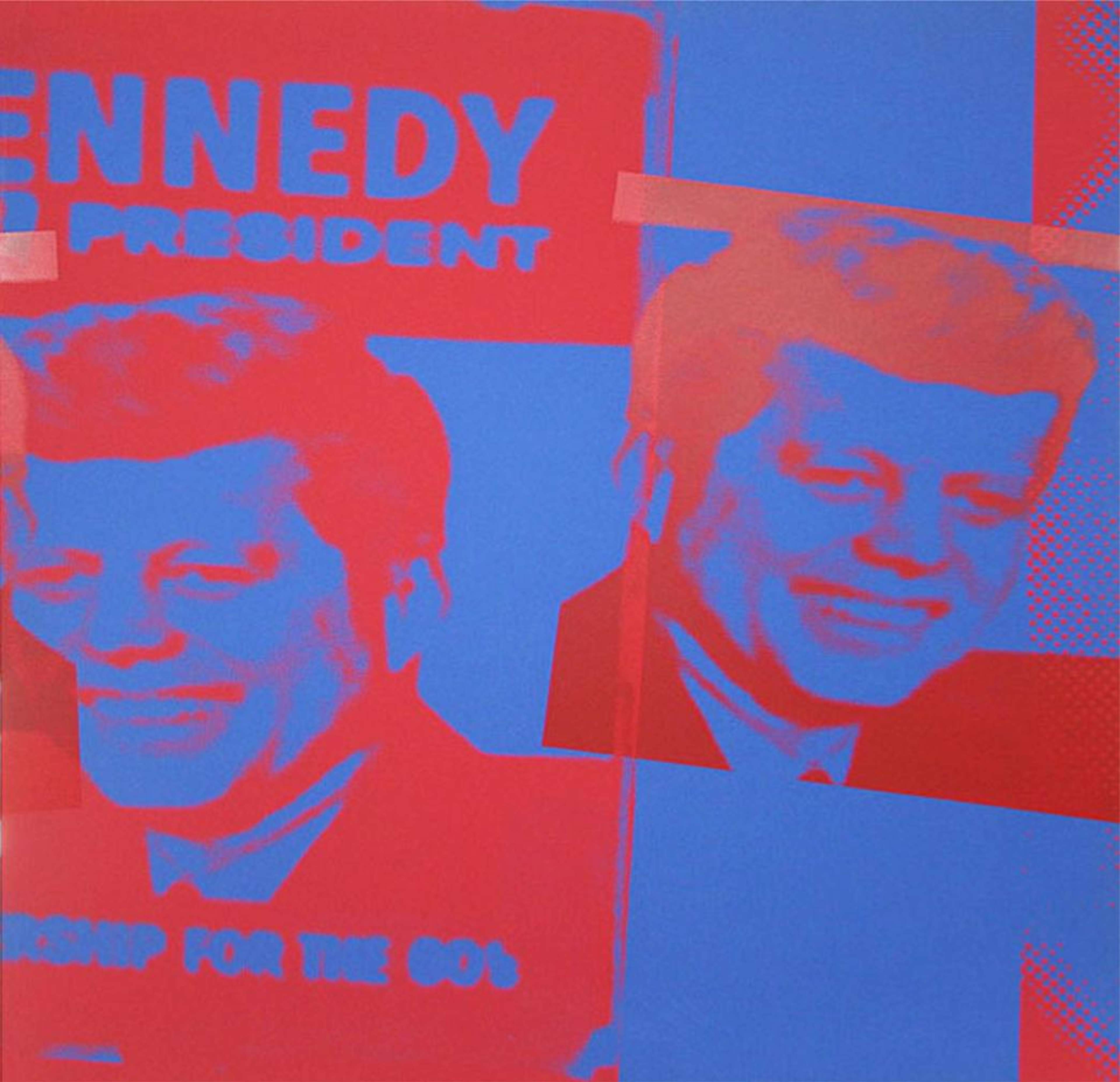 This print shows an image taken from President John F. Kennedy’s presidential campaign. It is depicted in bright red and blue.