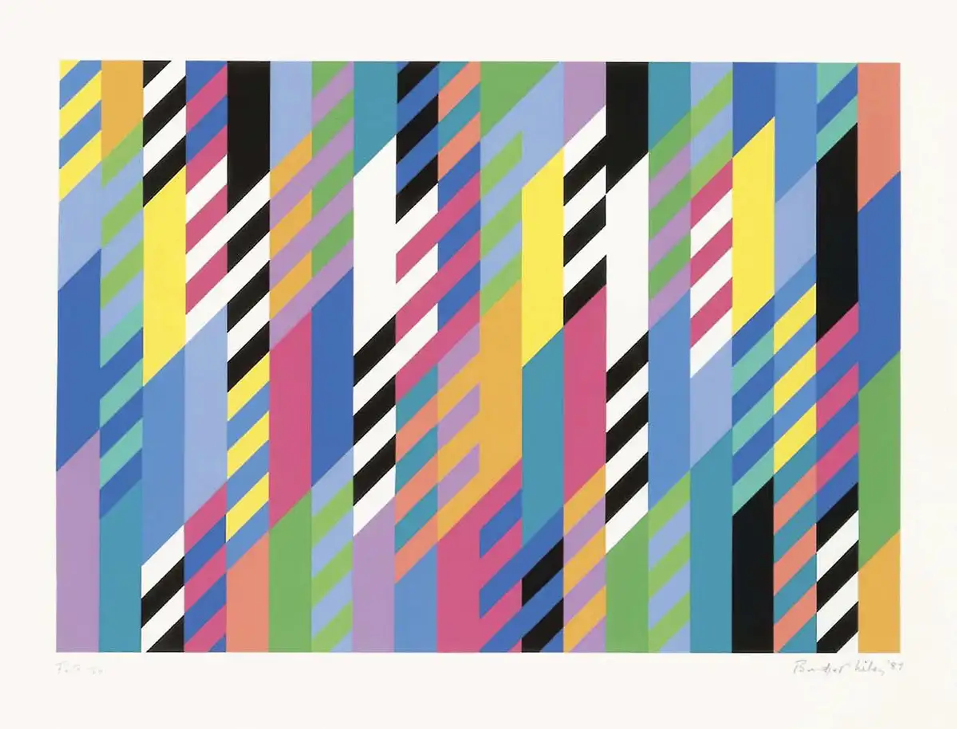 The design of Fête relates to other works featuring zigs or rhomboids which Riley produced between 1986 and 1997. All the works included similarly feature vertical bands combined with diagonally orientated areas of contrasting colour. Moving away from the lines and geometric shapes that defined her earlier works, in the Zig/ Rhomboid works, distinctions between colour and shape fall away, each leaning on the other for definition within the same plane.