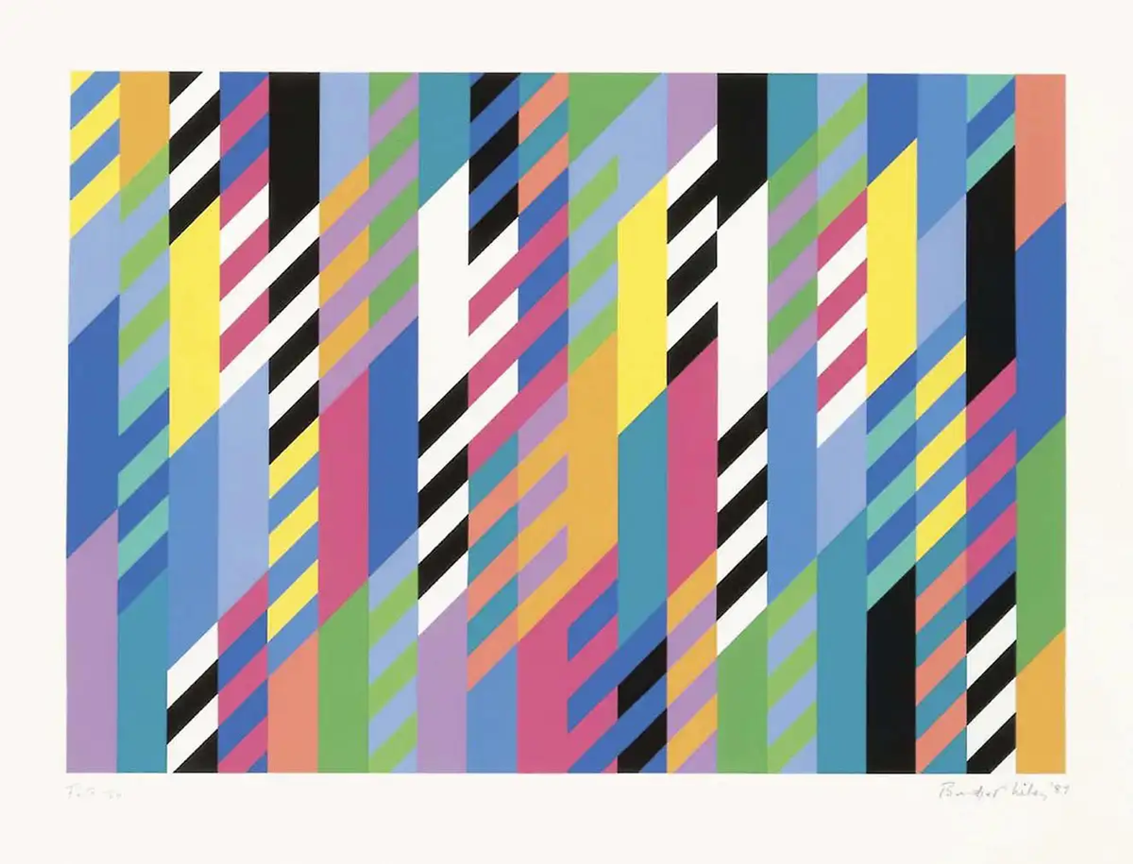 The design of Fête relates to other works featuring zigs or rhomboids which Riley produced between 1986 and 1997. All the works included similarly feature vertical bands combined with diagonally orientated areas of contrasting colour. Moving away from the lines and geometric shapes that defined her earlier works, in the Zig/ Rhomboid works, distinctions between colour and shape fall away, each leaning on the other for definition within the same plane.