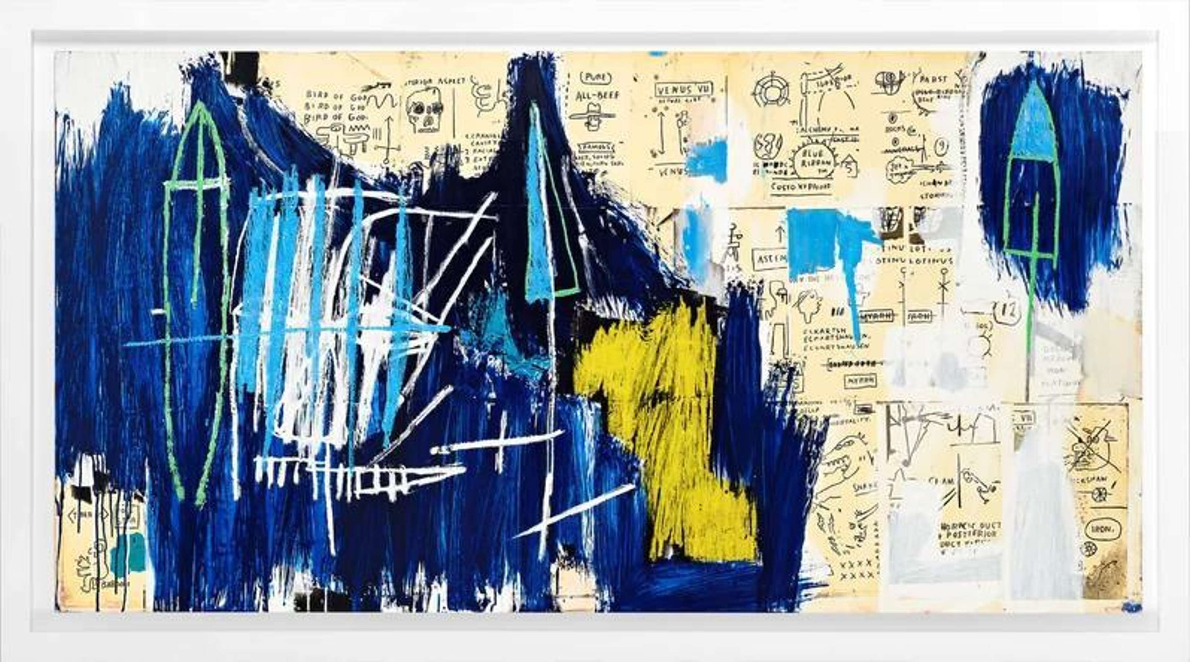 A screenprint of a Jean-Michel Basquiat artwork, depicting lots of small black illustrations against an off-white background to the right of the composition, with gestural marks of blue, white and yellow ink to the left.