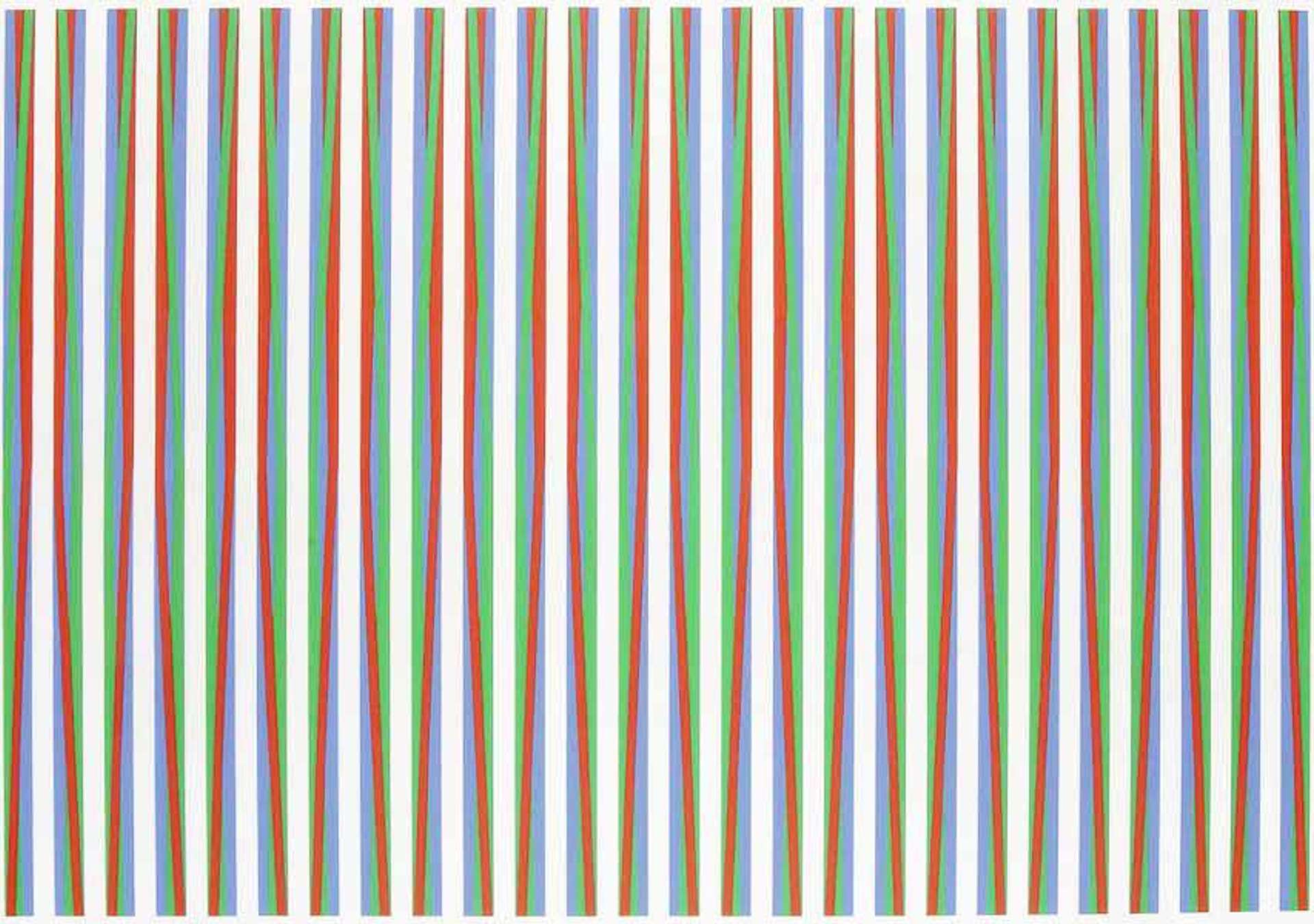 Print displaying vertical, twisting bars of red, green and blue, separated by intervals of white space, in turn generate a powerful and spirited array of imagined colours for the viewer. 