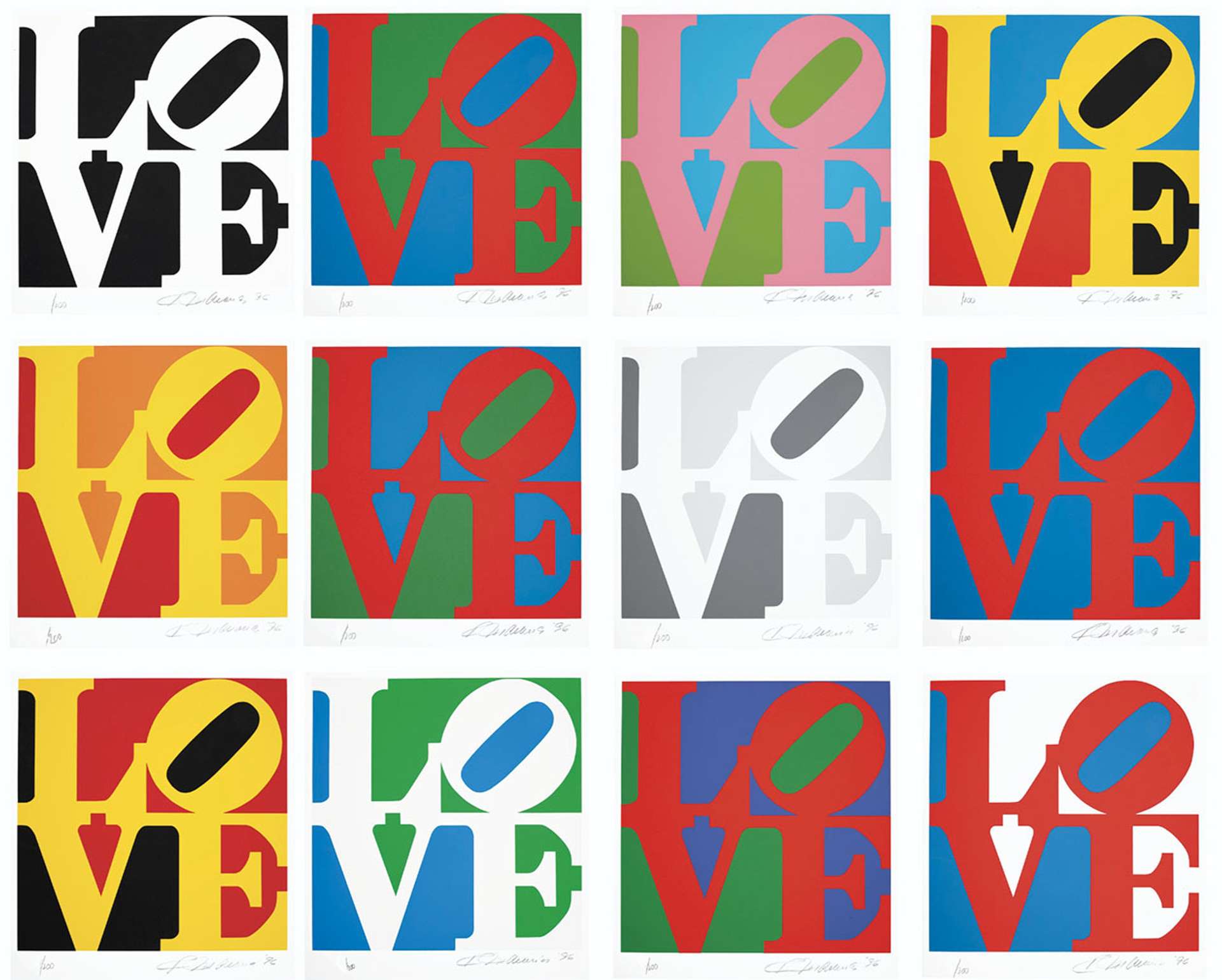 A series of 12 screenprints by Robert Indiana depicting the word “LOVE” in various colour-ways.