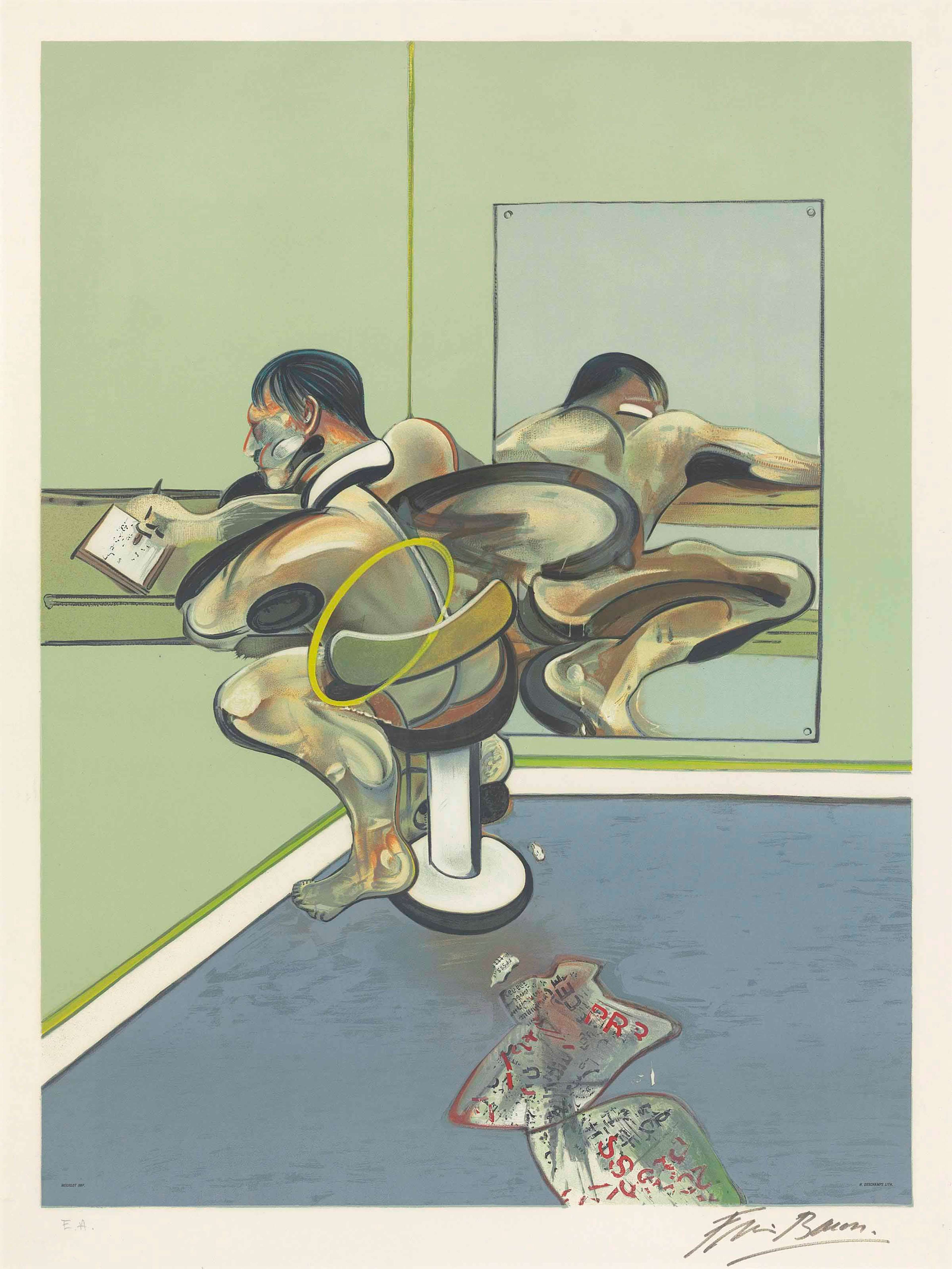 abstract male figure with his back turned to the viewer, sat in a chair. In the background, his image is reflected in an oblong mirror.