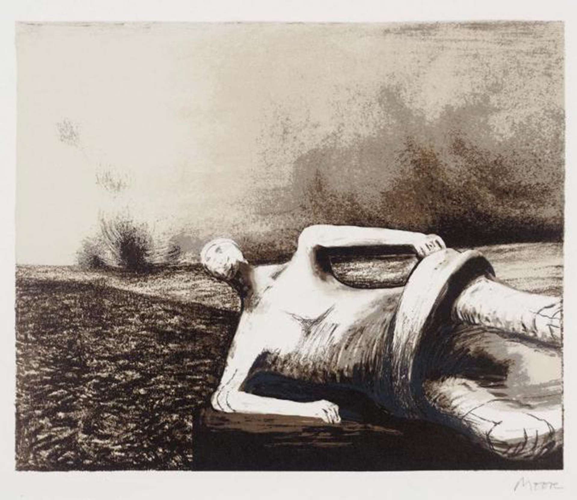 A charcoal drawing of an abstracted figure lying in a field, gazing at the sky, with loosely defined body features including the arms, chest, and face.