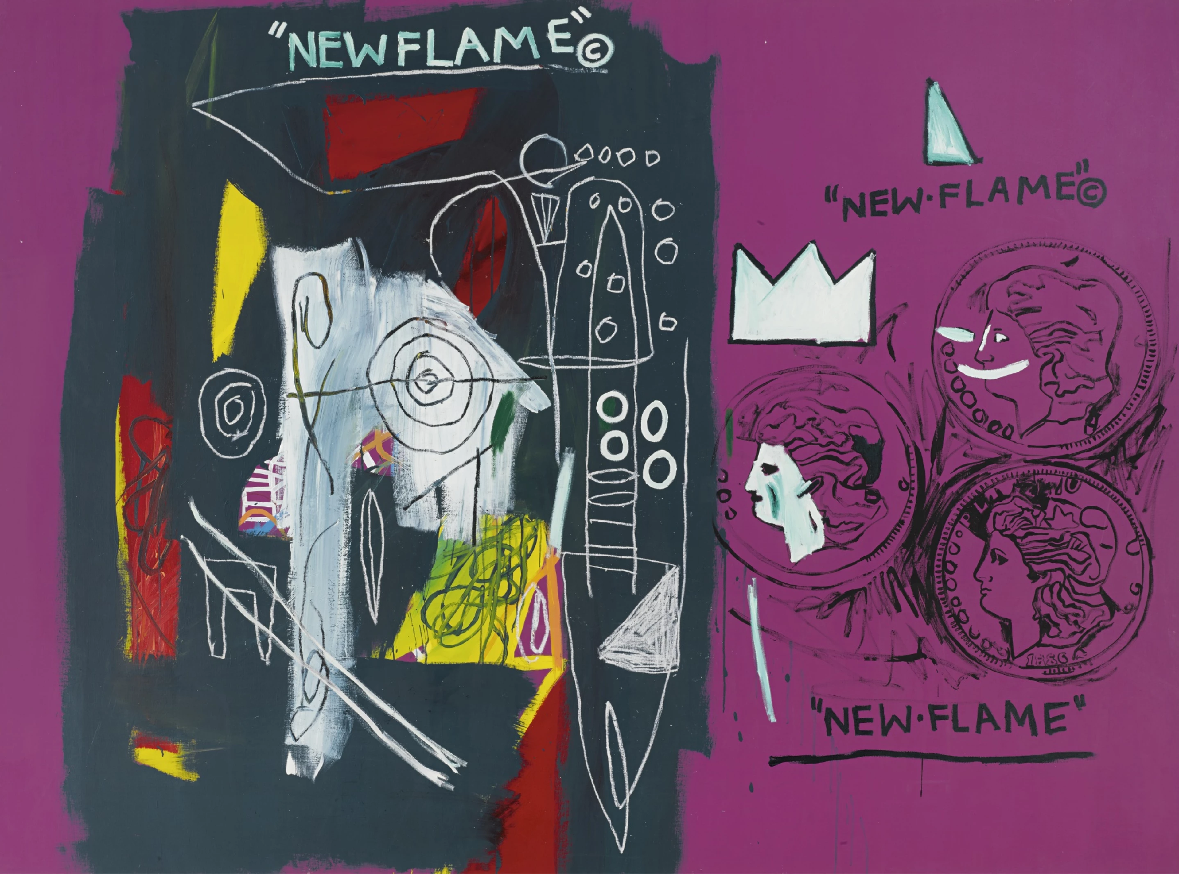 In this work, Warhol outlined three silver dollar coins, which depict the figure of liberty. Subsequently these were coloured in and defaced by Basquiat. Underlining Warhol’s reference to the torch bearing statue of liberty, which was built in 1886 and is the same year as Warhol's silver dollar coins, Basquiat titled that section of the canvas 'NEW FLAME'. Through the inclusion of his signature crown in the centre right, Basquiat accredited his SAMO persona to this half of the composition. Almost half of the original pink background is covered with frantic swathes of charcoal black, painted blocks of red and yellow and childlike white scrawls.