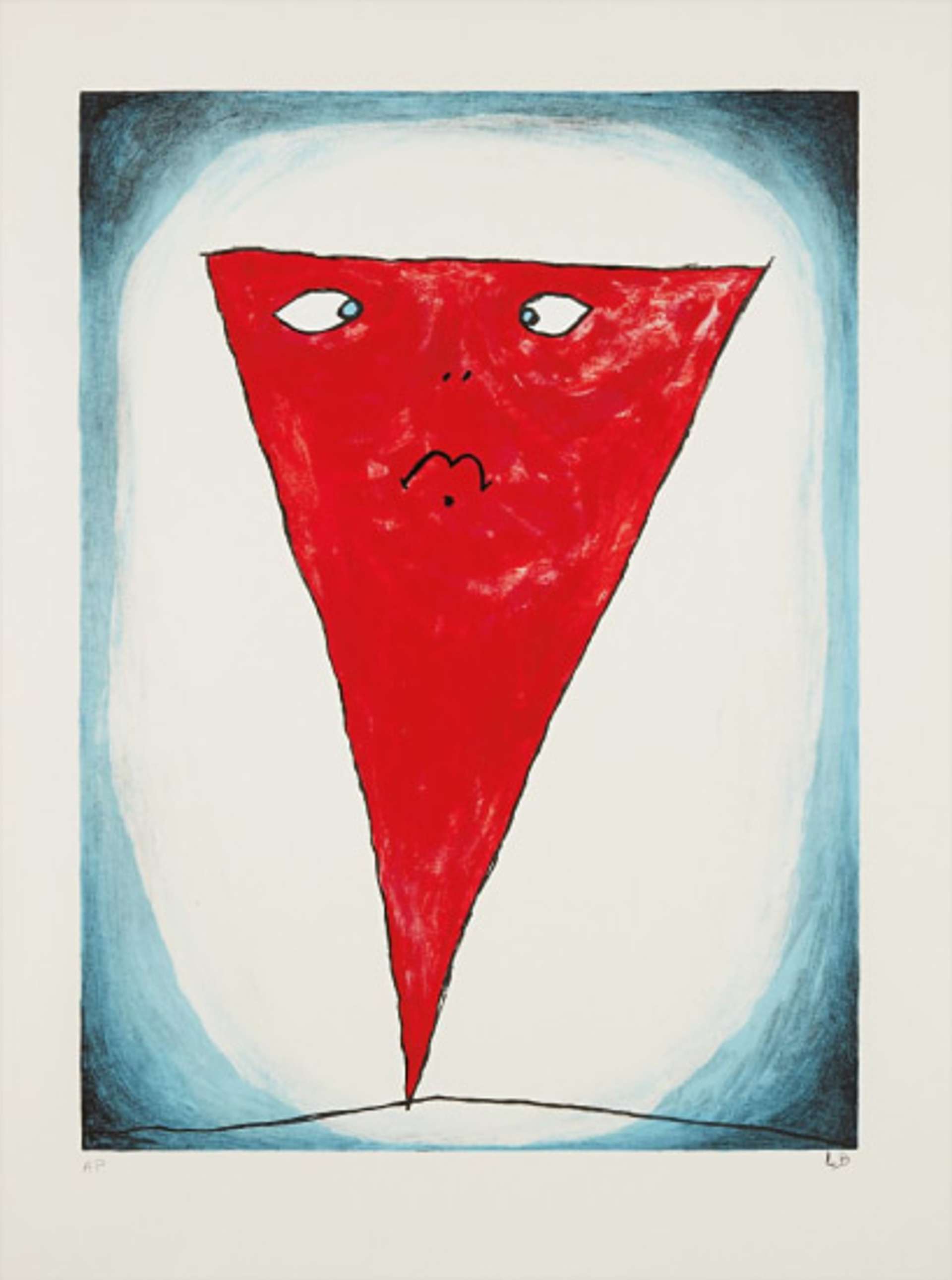The Guilty Girl is Fragile by Louise Bourgeois. The print features an upside down, red triangle with a sad face.
