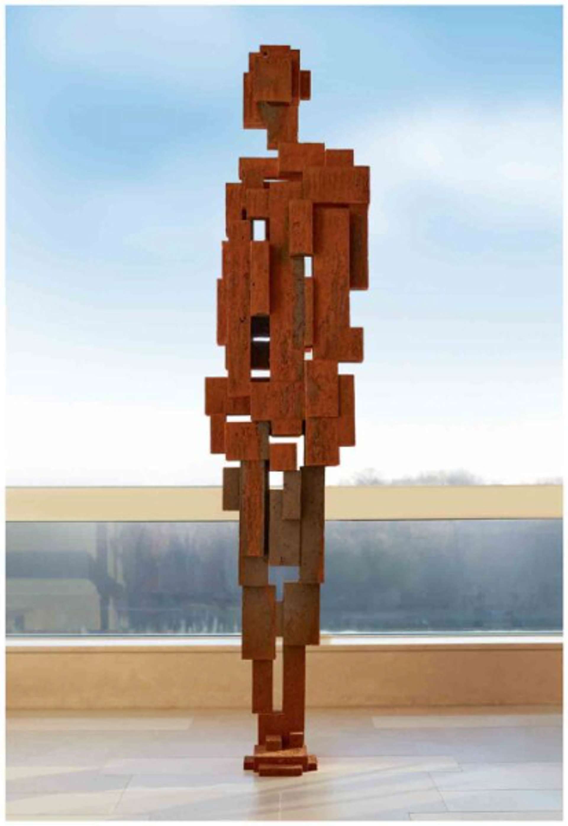  A towering life-sized sculpture of the human figure, crafted from carefully stacked cast iron plates, creating a sense of balance and harmony within the artwork. The sculpture is depicted on an outdoor patio, with the surrounding environment adding to its aesthetic appeal.