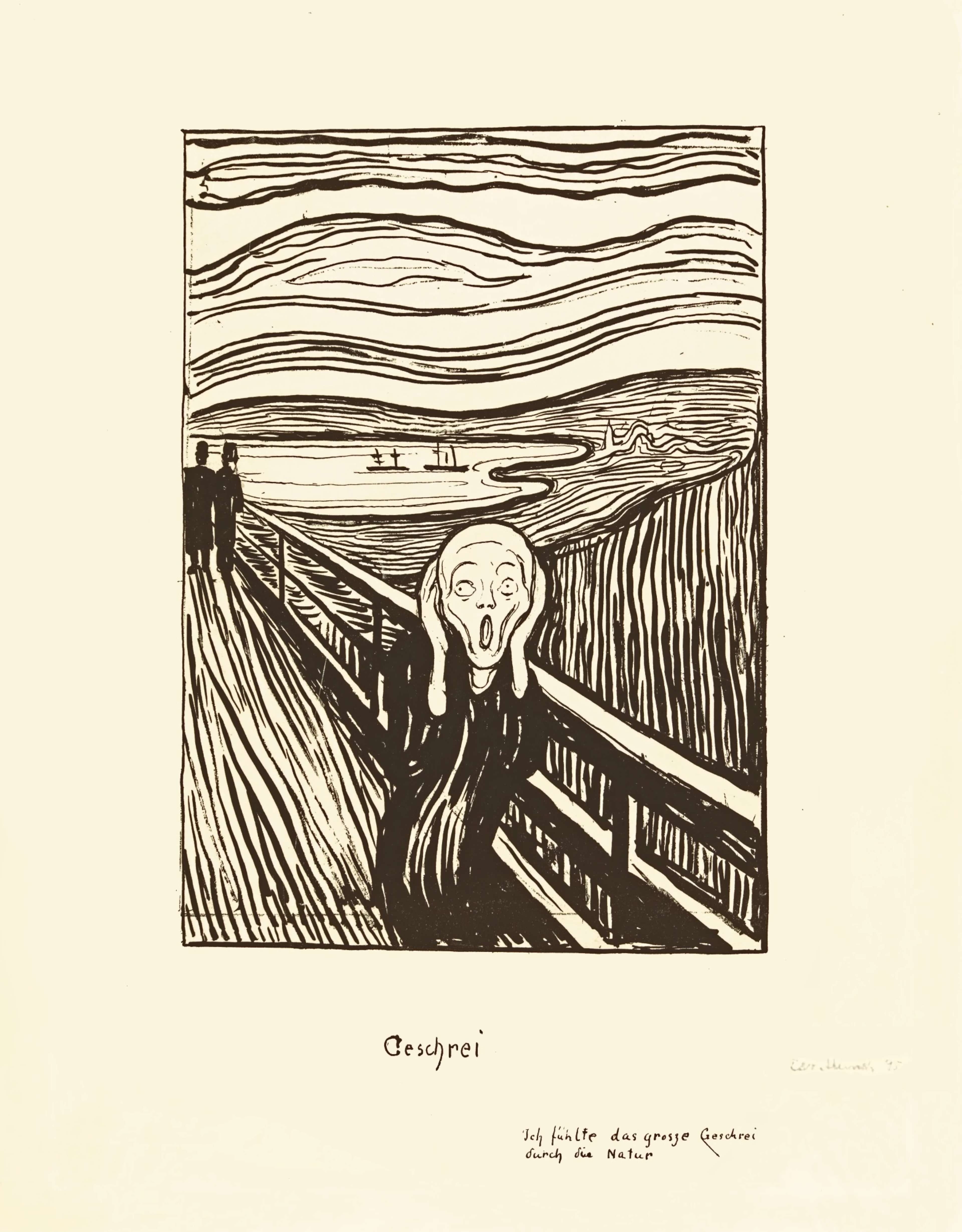 A black-and-white lithograph of a surreal figure with mouth open wide and hands clasped to either side of its face. In the background, there are two people walking away from the subject along a wooden promenade, with hills, a lake, and two boats in the distance.