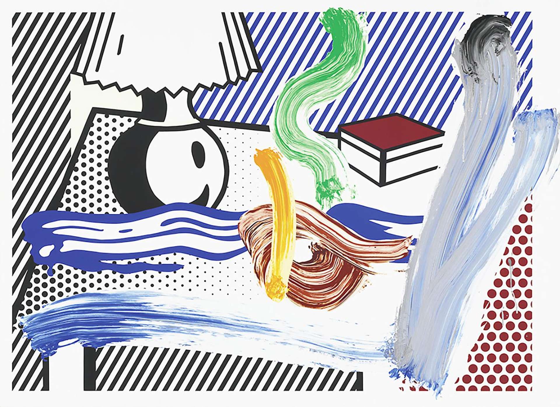 A screeprint by Roy Lichtenstein depicting a lamp and box on a table, with illusory brushstrokes printed onto the composition in various colours