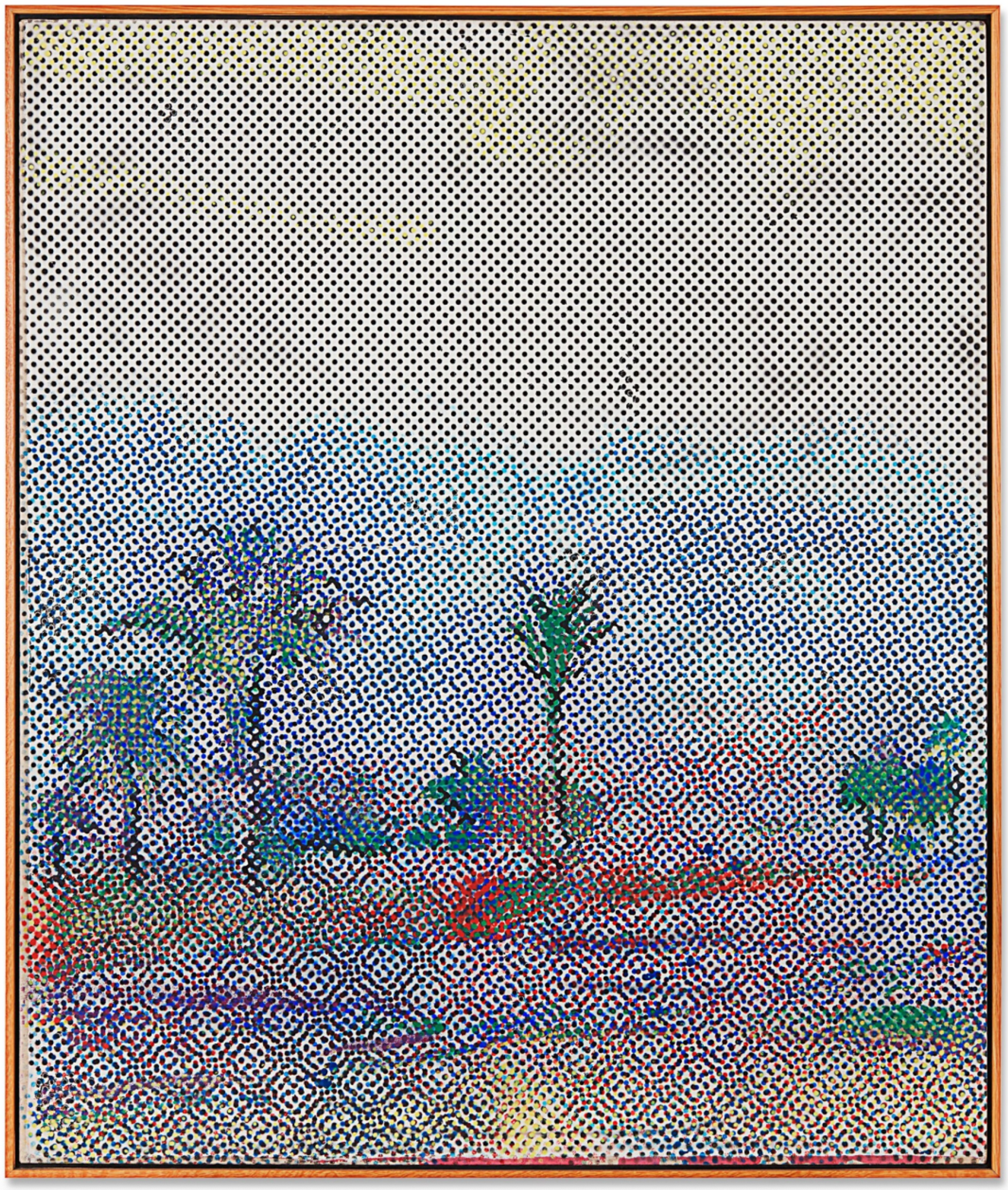Dense clusters of hand-painted purple, green, and blue dots form palm fronds, dissolving into granular static upon closer view. The overall landscape appears to be a slightly blurry, windy coastal seascape.
