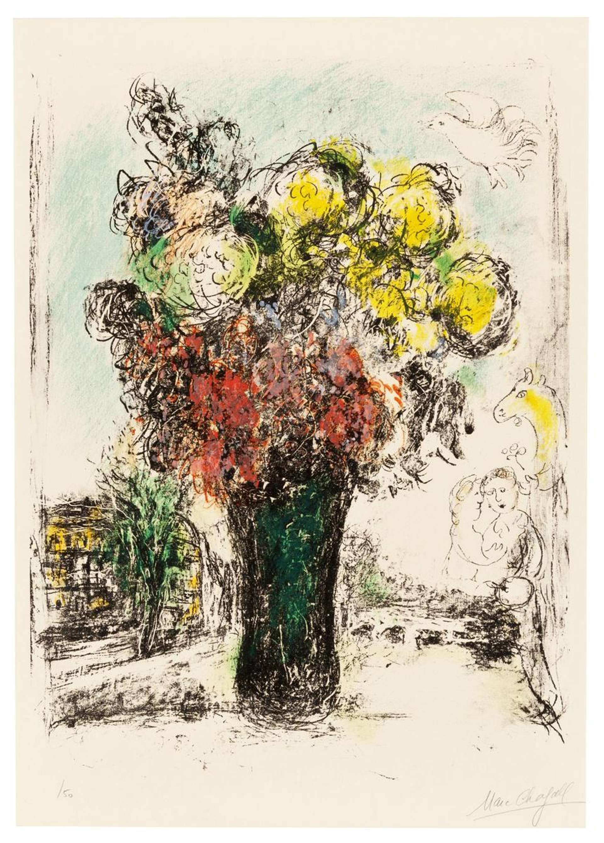 Marc Chagall: Le Bouquet Rouge Et Jaune - Signed Print