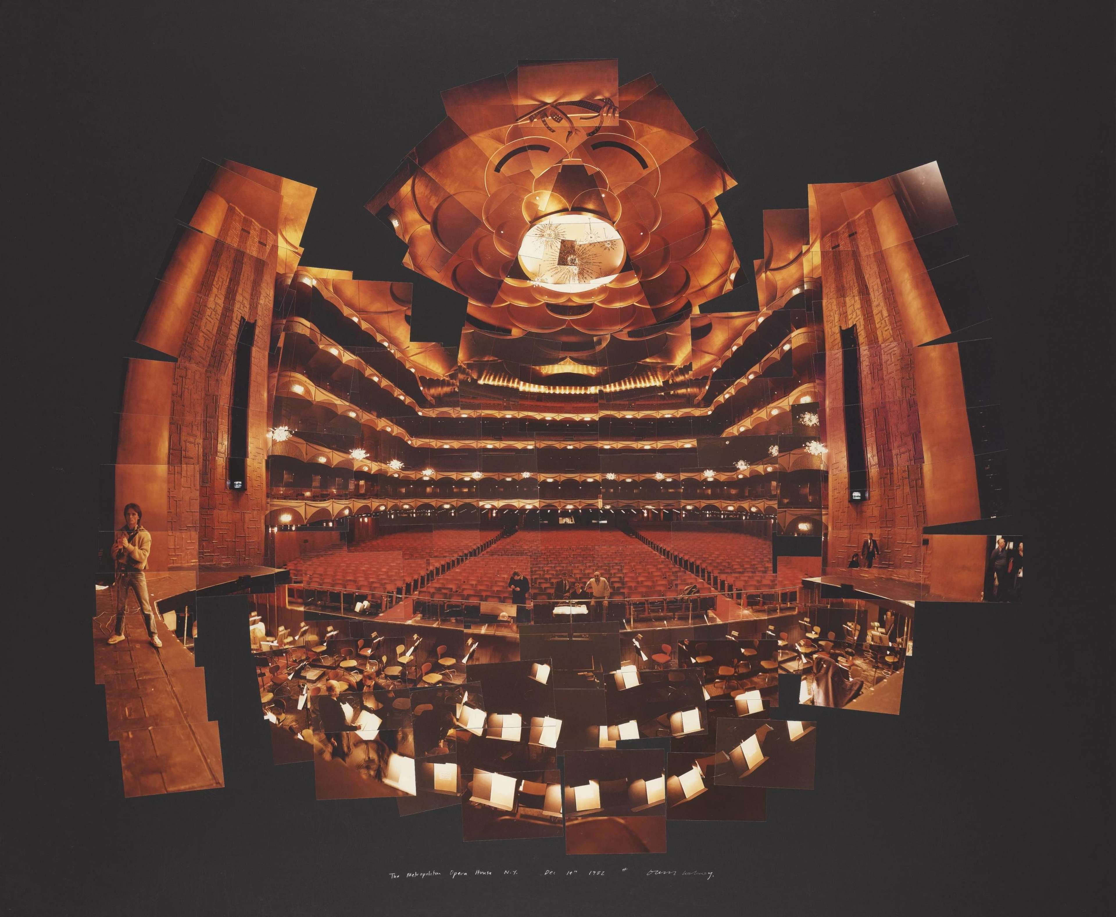 This photocollage by David Hockney shows the Metropolitan Opera House, as seen from the stage.