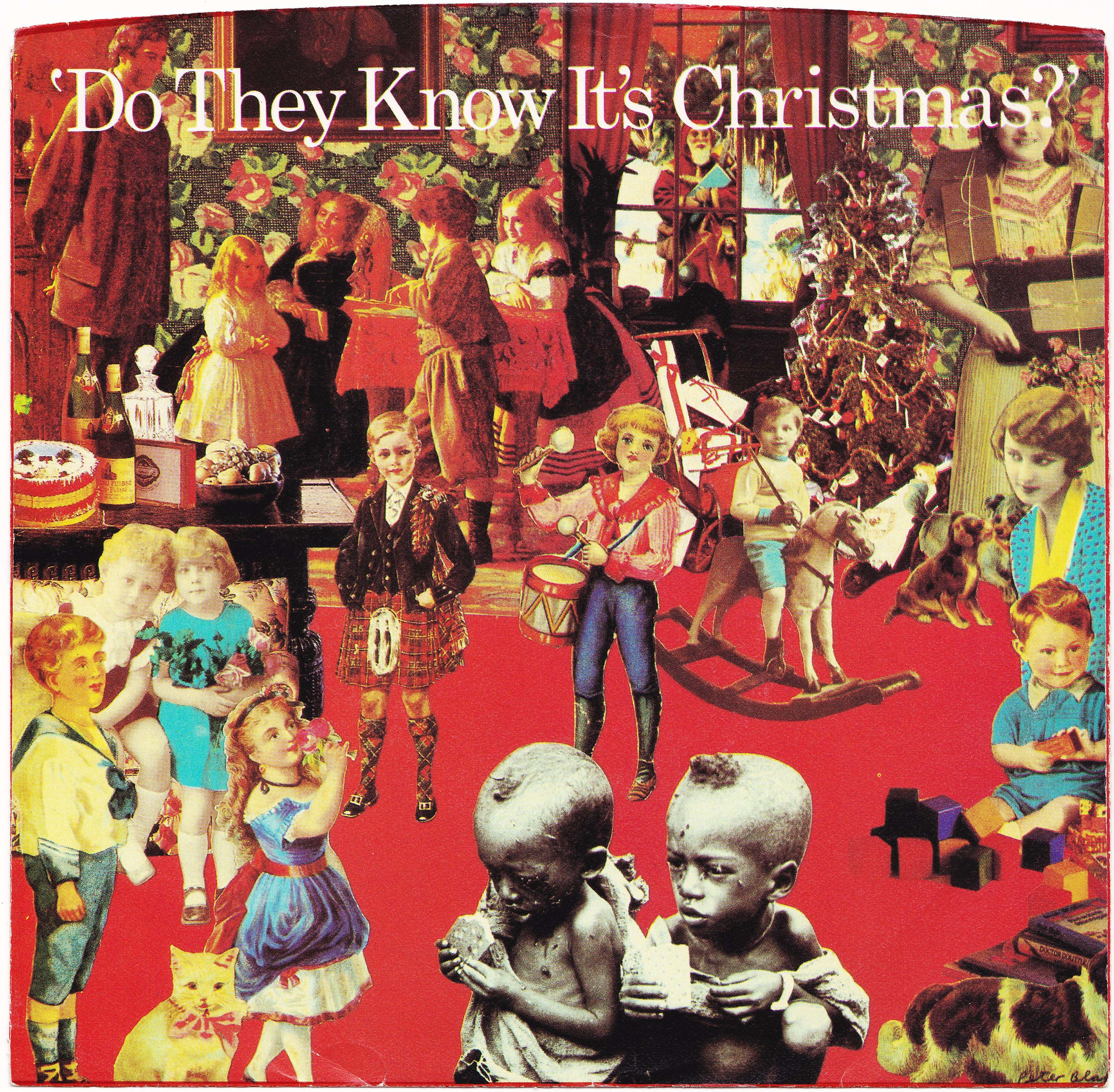 Album cover covered in festive icons. At the forefront are two starving Ethiopian children