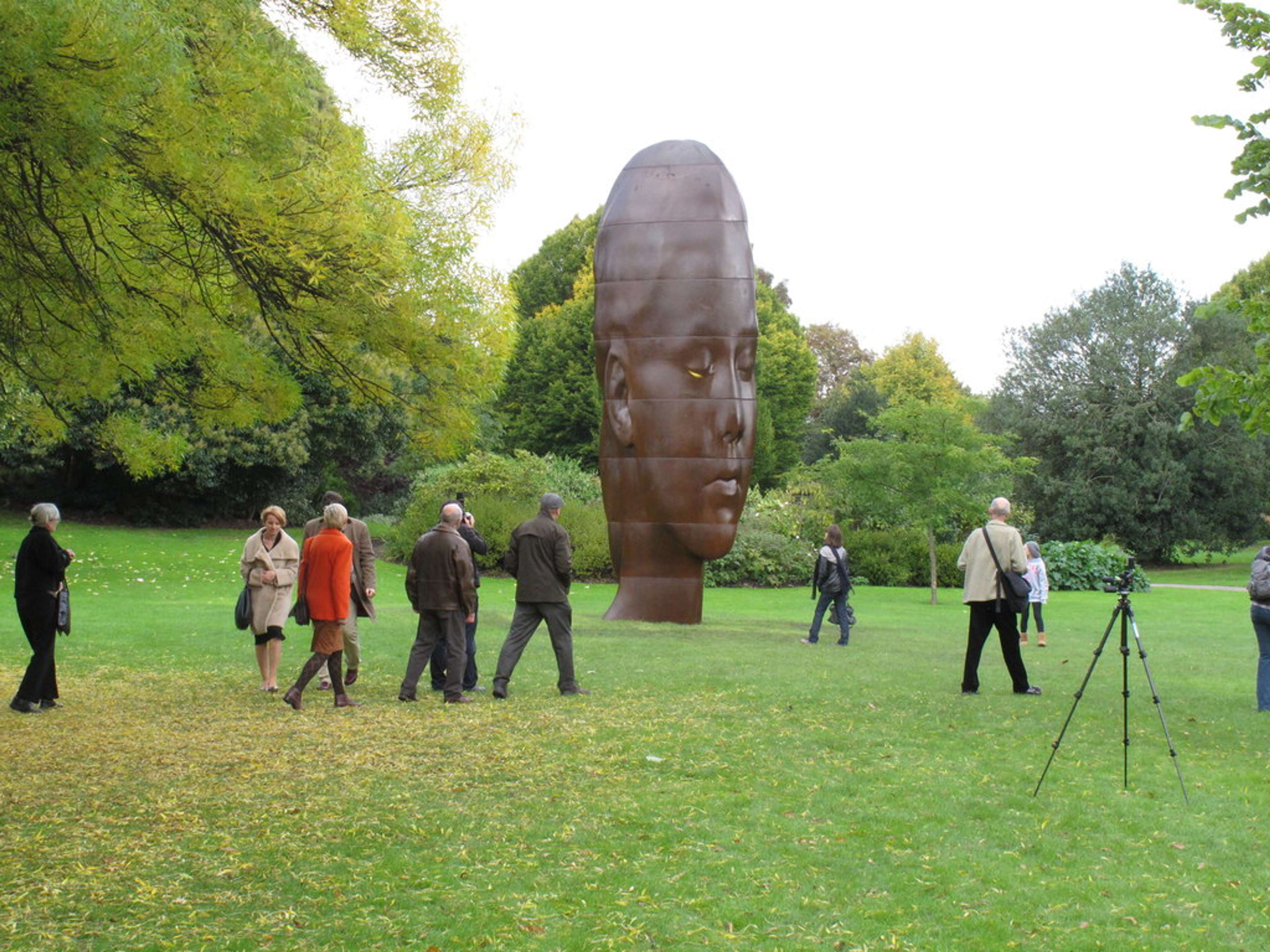 A large bronze sculpture of a head situated in a green park