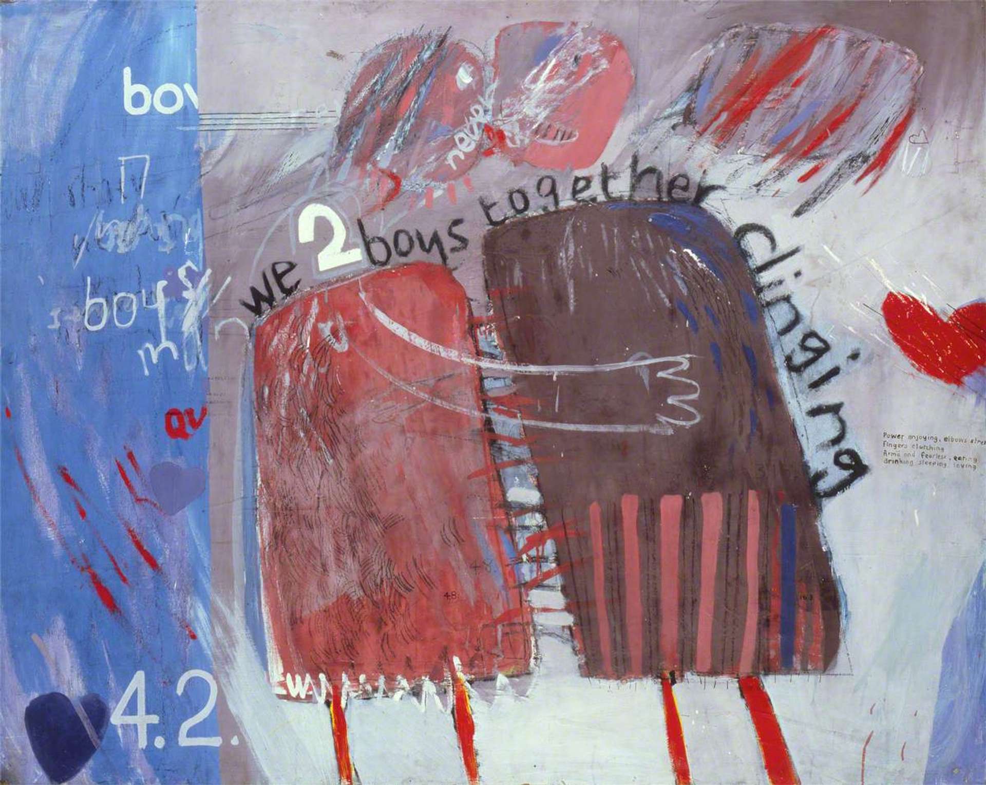 One red rectangular figure reaching out and holding a rectangular background with text that reads “we 2 boys together clinging” 