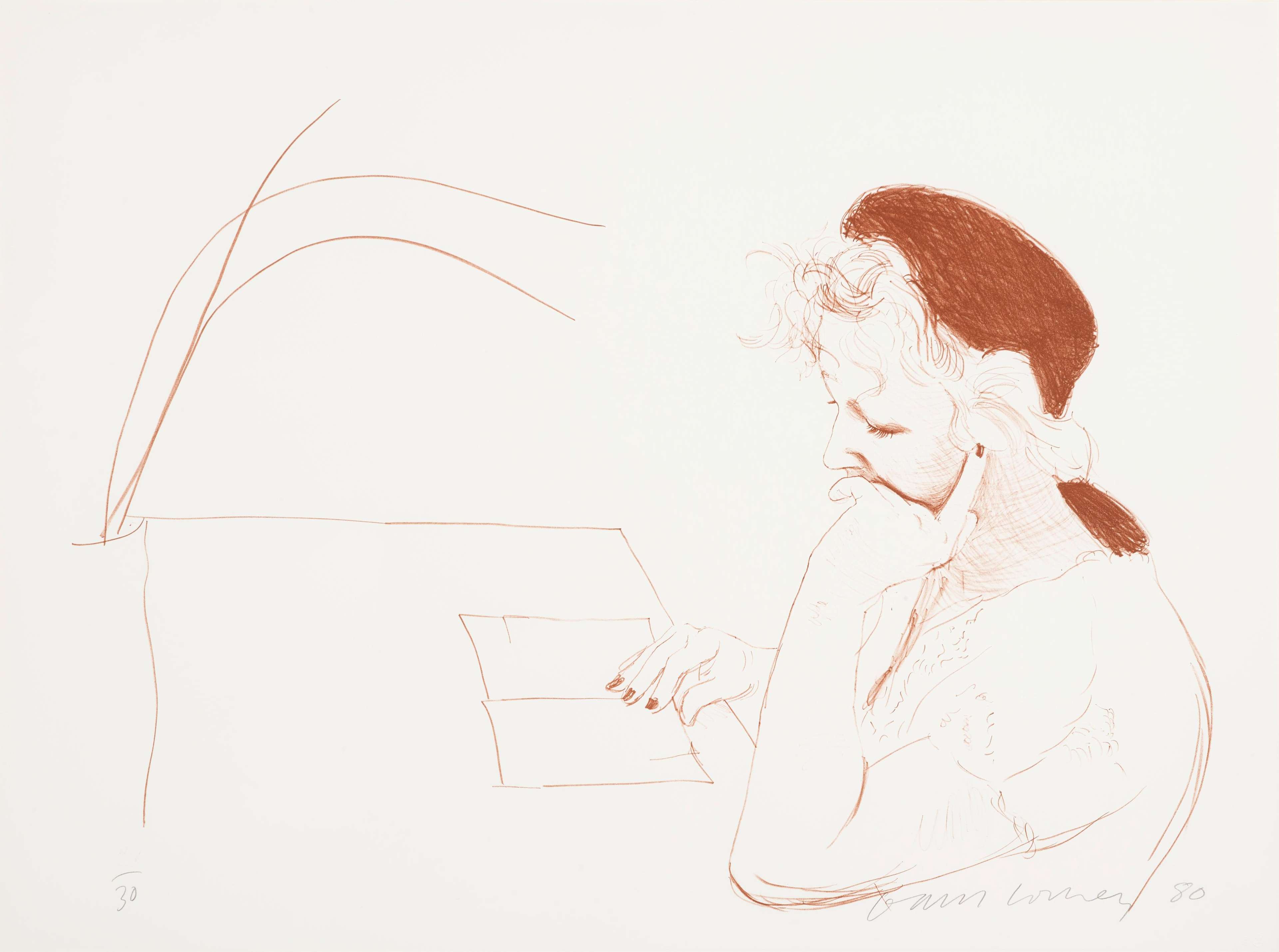 The work depicts Celia Birtwell who became the icon of Hockney’s portraits in the 1980s, featuring in over thirty of his prints. Exploring the intimacy of the domestic scene, the work portrays the woman as she is hunched over the desk, immersed in the act of reading.