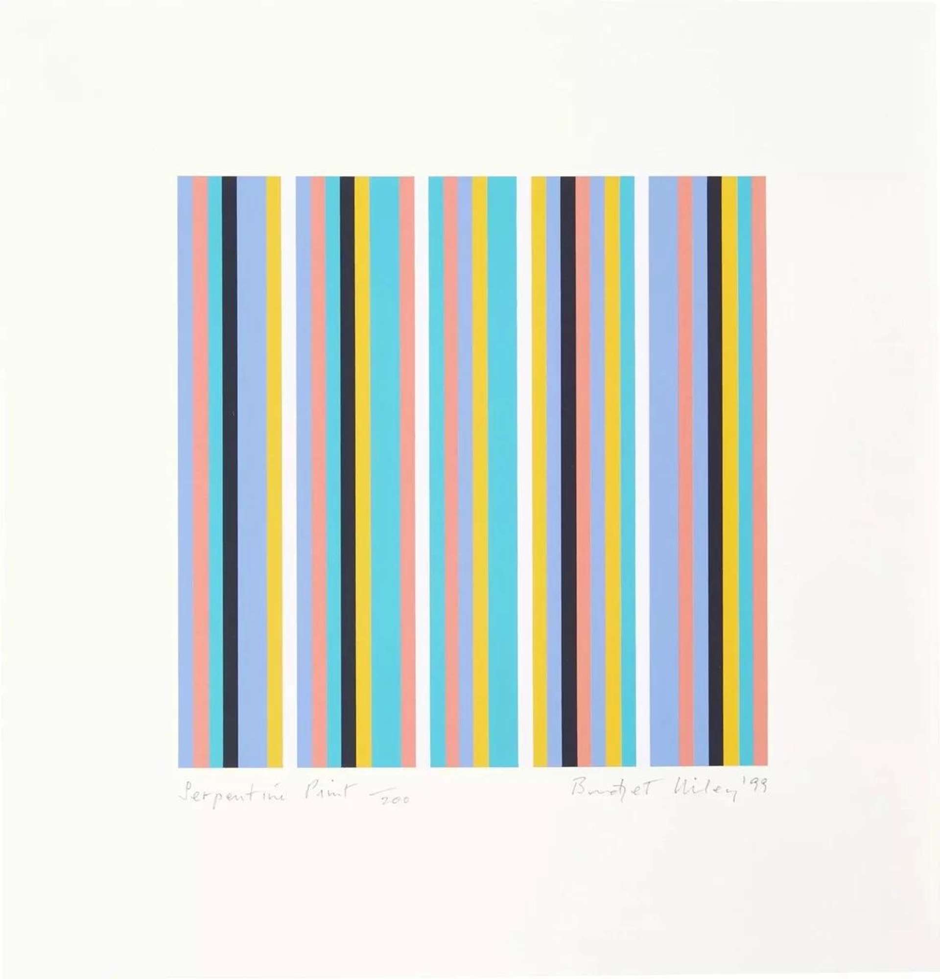 A square of colourful stripes on a white background, signed by artist Bridget Riley