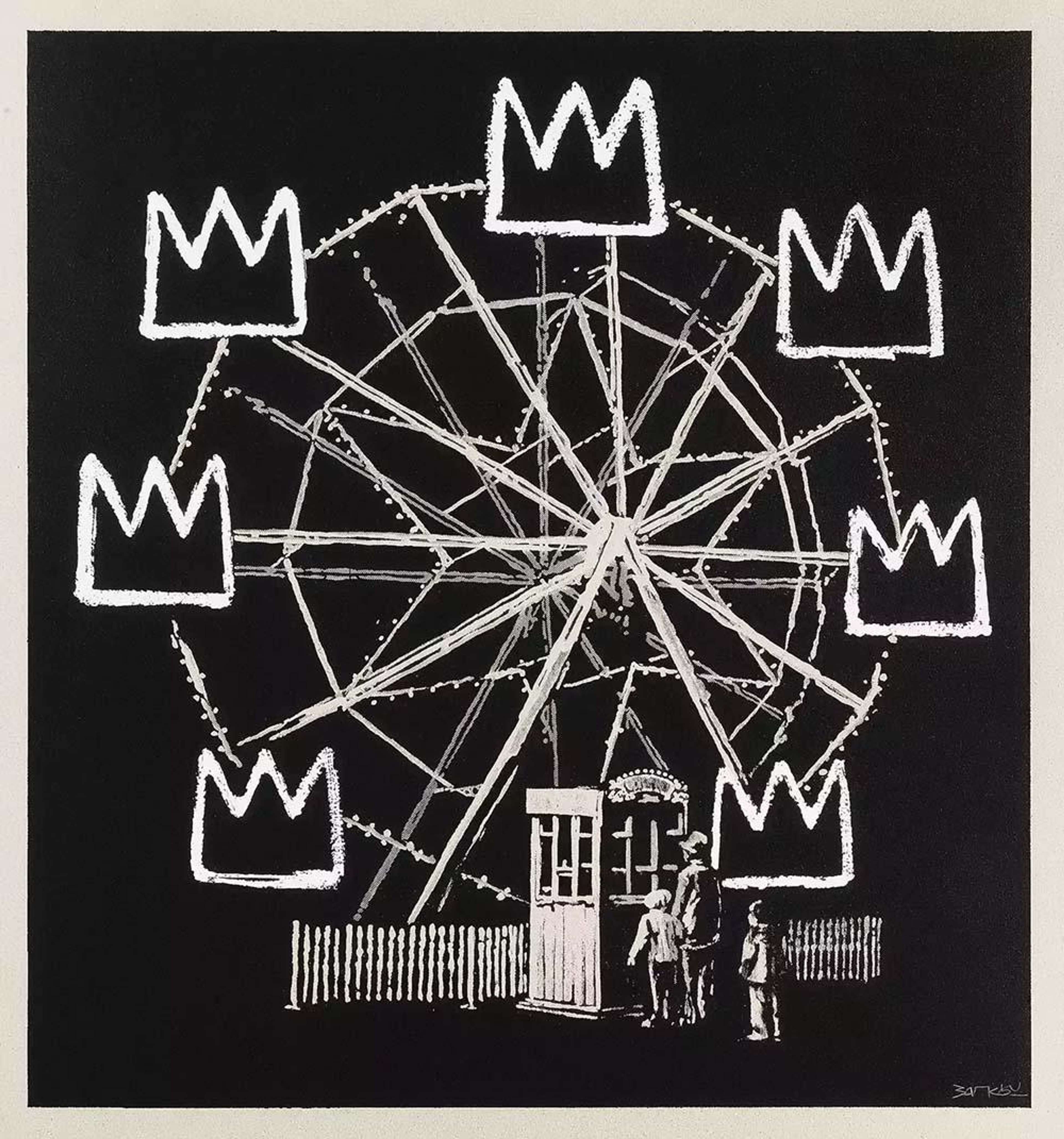 A monochromatic screenprint depicting a family queuing to board a ferris wheel, the carriages of which are replaced with Basquiat's iconic crown motif.