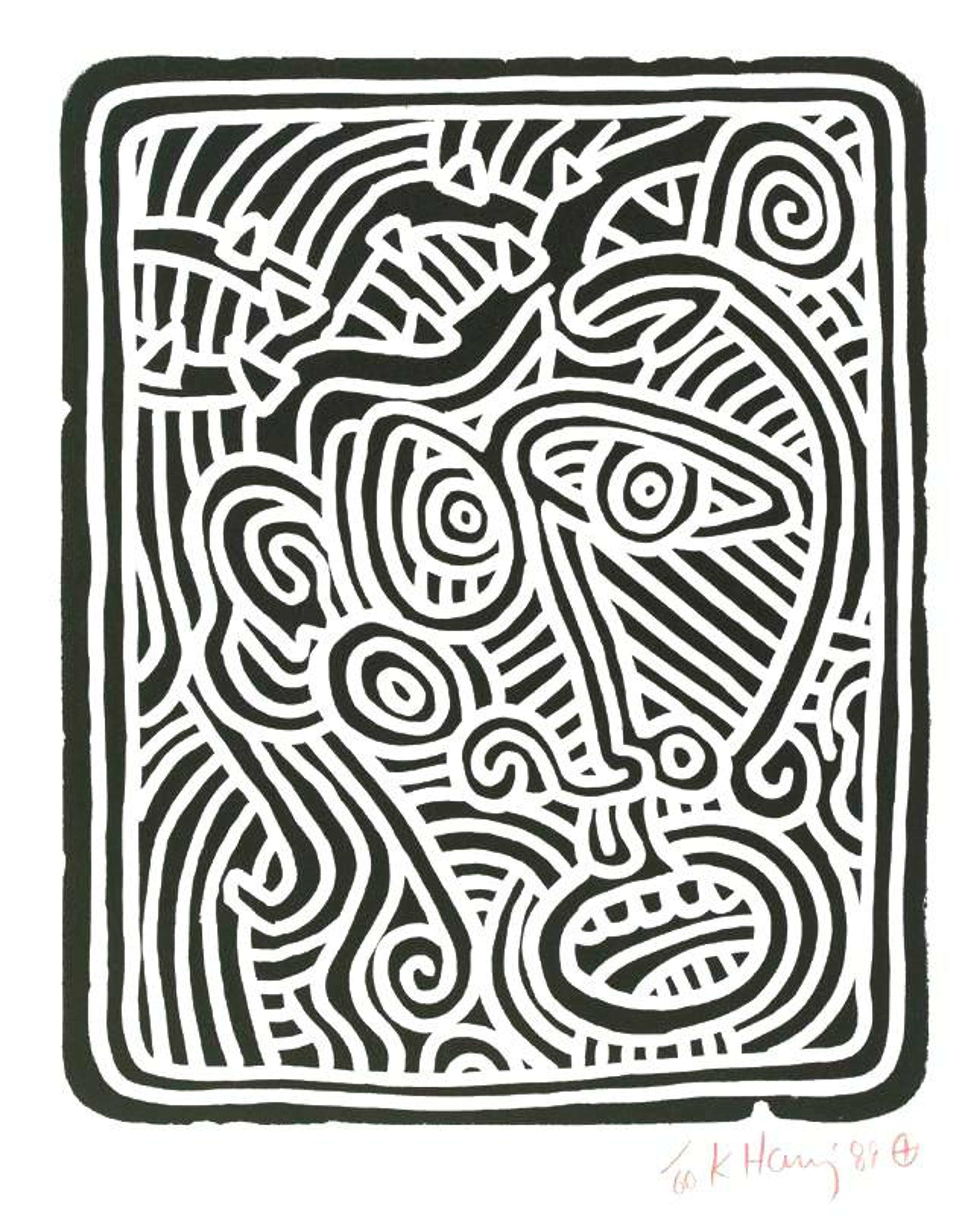 Keith Haring’s Stones 1. A Pop Art lithograph of a mask like drawing of white lines against a black background.