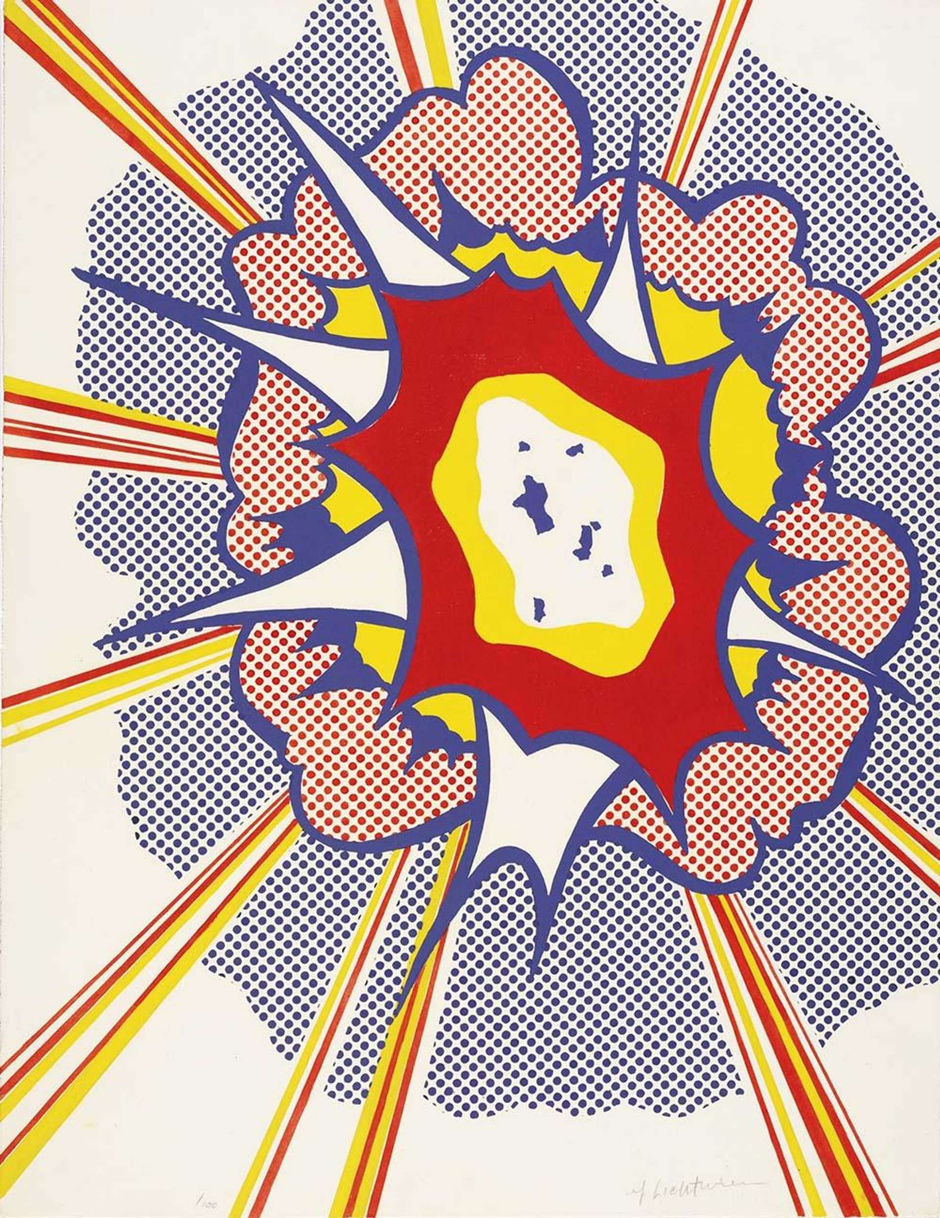 An image of the print Explosion by Roy Lichtenstein. It shows a comic-book style explosion in red, blue and yellow, featuring Ben-Day dots.