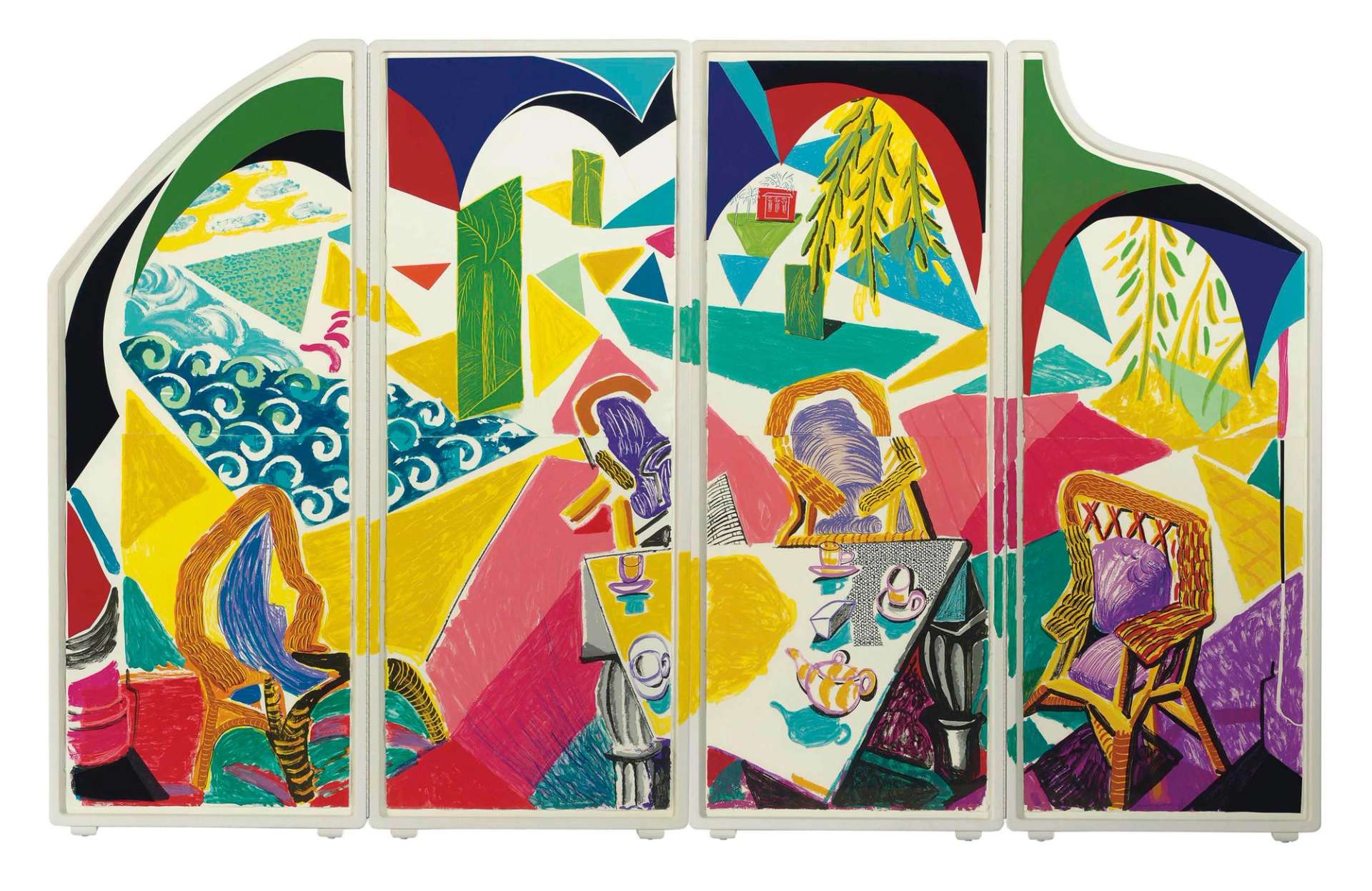 A lithograph by David Hockney depicting a colourful outdoor scene across four vertical panels.