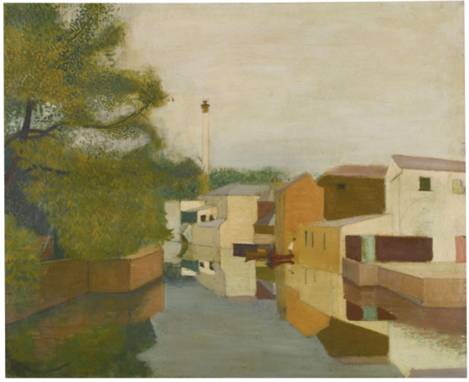 A landscape painting in an abstract style depicting a river with a reflection of a verdant tree hanging from the left side of the artwork. On the right side, there are geometrically abstracted houses rendered in different tones of white, beige, and brown.