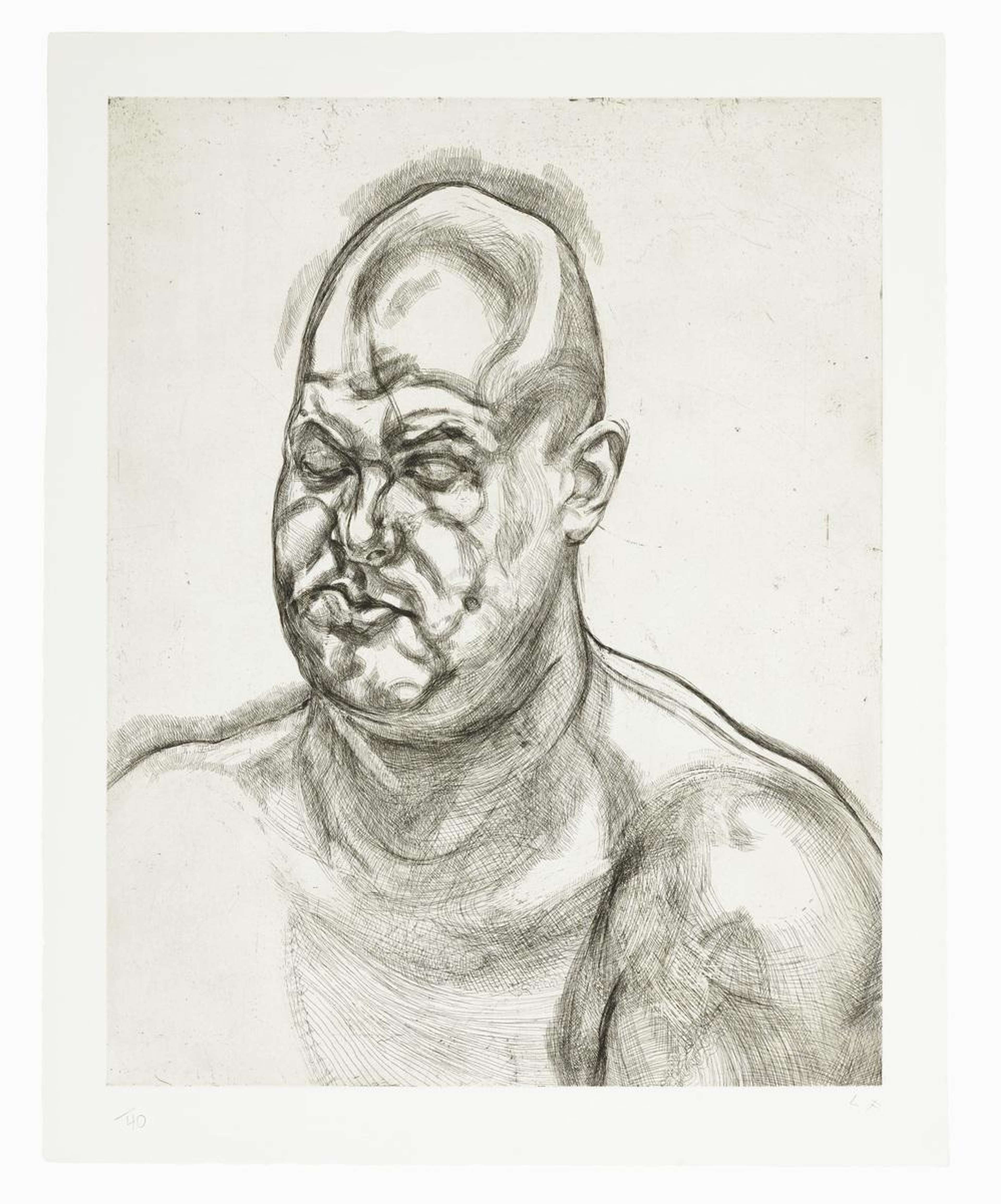 An image of the print Large Head State II by Lucian Freud. It shows a bald, shirtless man, modelled after Leigh Bowery. The work is done in monochrome.