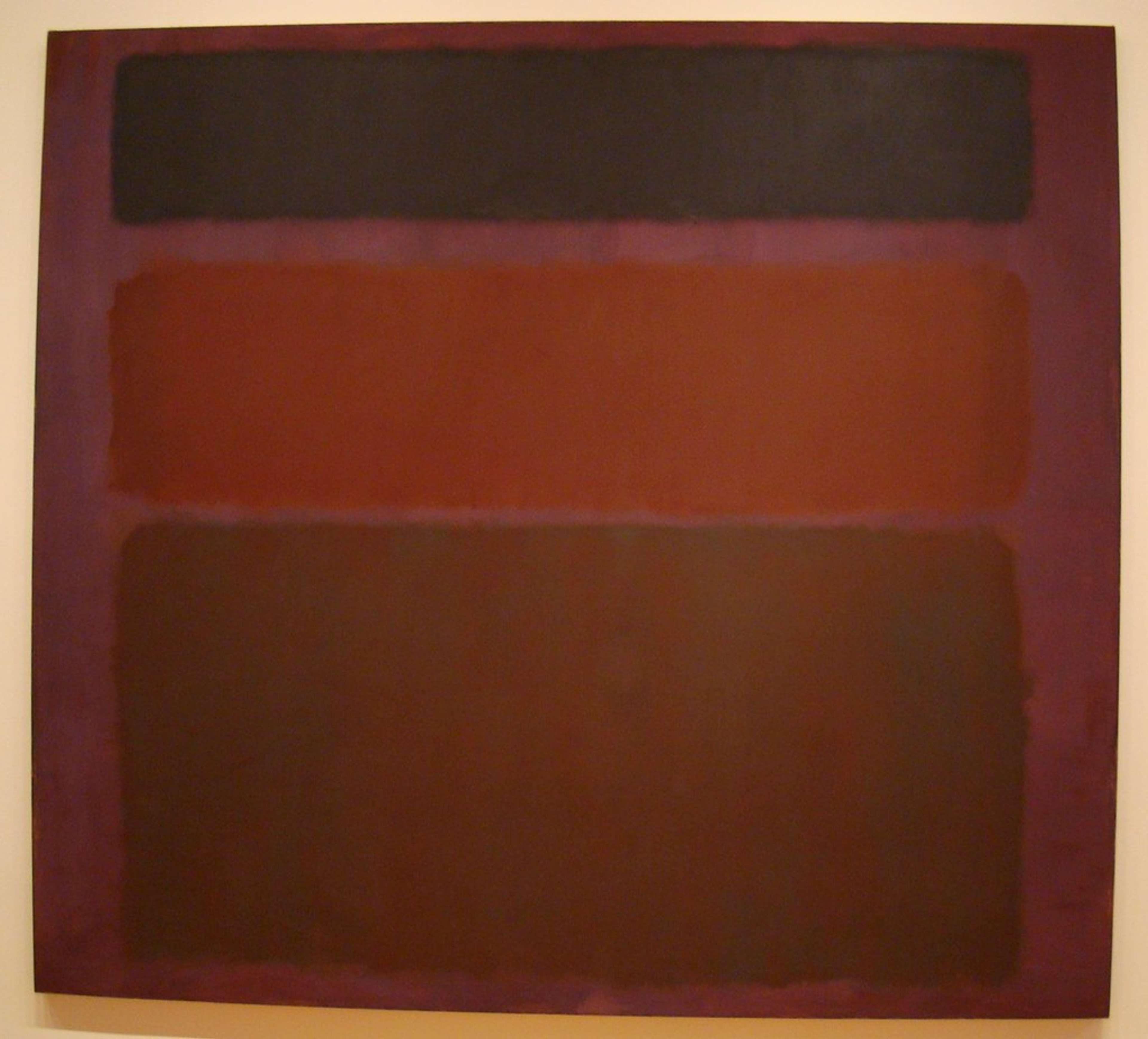 An abstract painting titled "No. 16 (Red, Brown, and Black)" featuring three blocks of colour - red, brown, and black - blending into one another on a large, rectangular canvas.