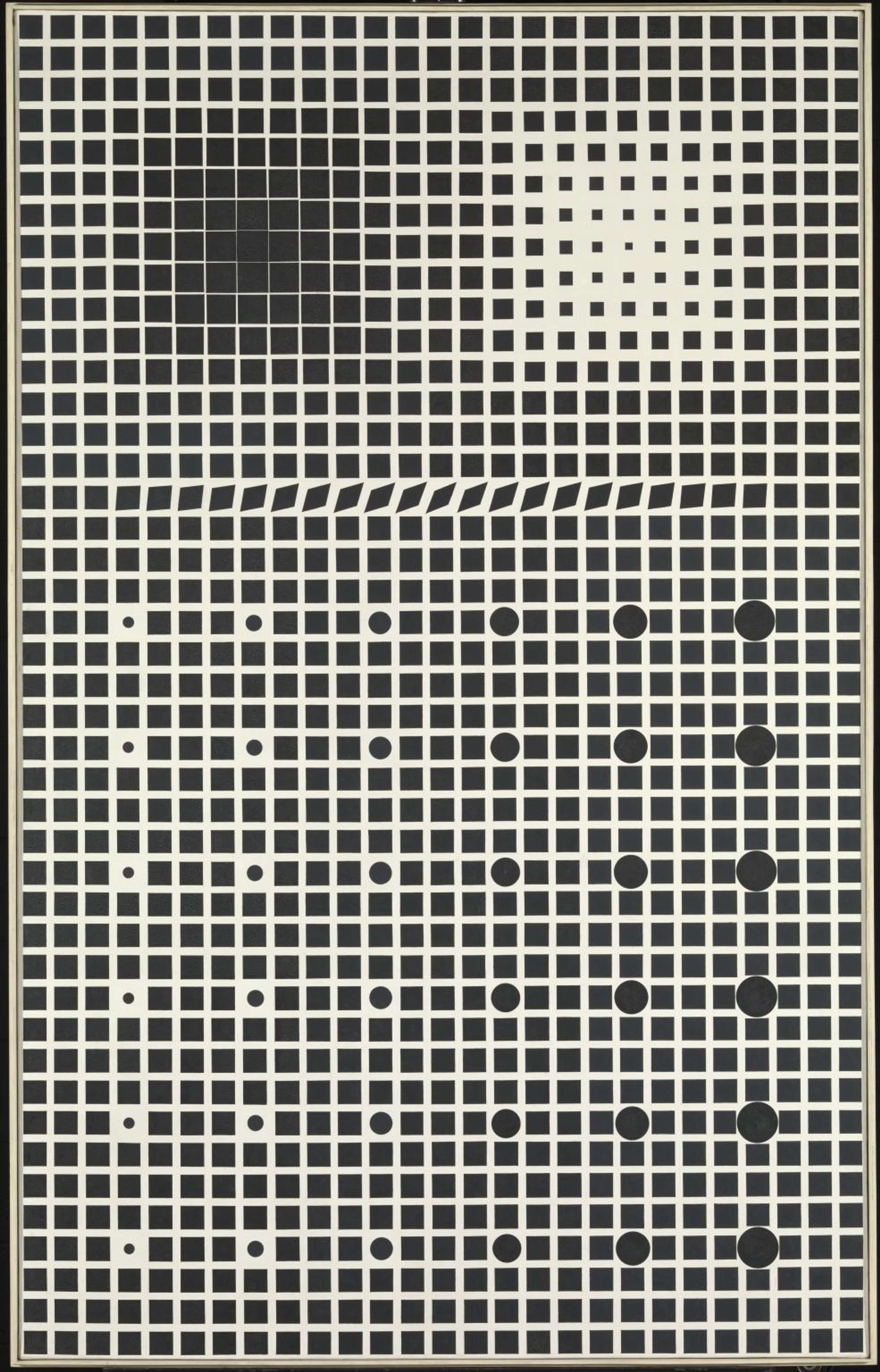 The painting features a grid-like pattern of interlocking geometric shapes in monochromatic colours, creating two optical contrasting squares in the upper portion of the work and a series of smaller sqaures in the lower portion separated by a grid-like pattern of circles.
