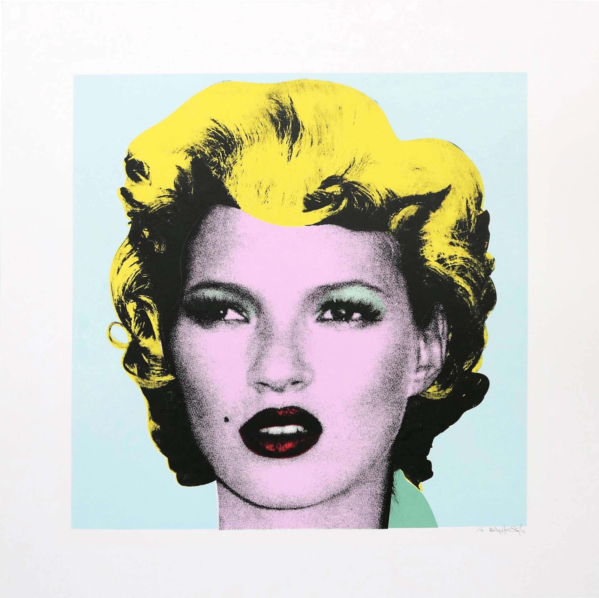 A graphic screen printed portrait of the supermodel, Kate Moss. Moss' portrait appears at the centre of the composition, her hair fashioned like Marilyn Monroe's. The colour palette is bold and unnatural, mimicking the celebrity portraits executed by Pop Artist Andy Warhol.