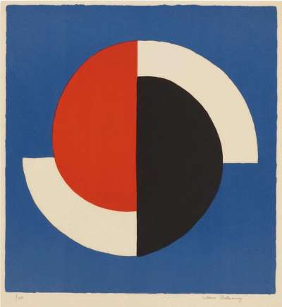 Galerie Bing (Demi Cercles Rouge Et Noir Sur Fond Bleu) - Signed Print by Sonia Delaunay 1964 - MyArtBroker