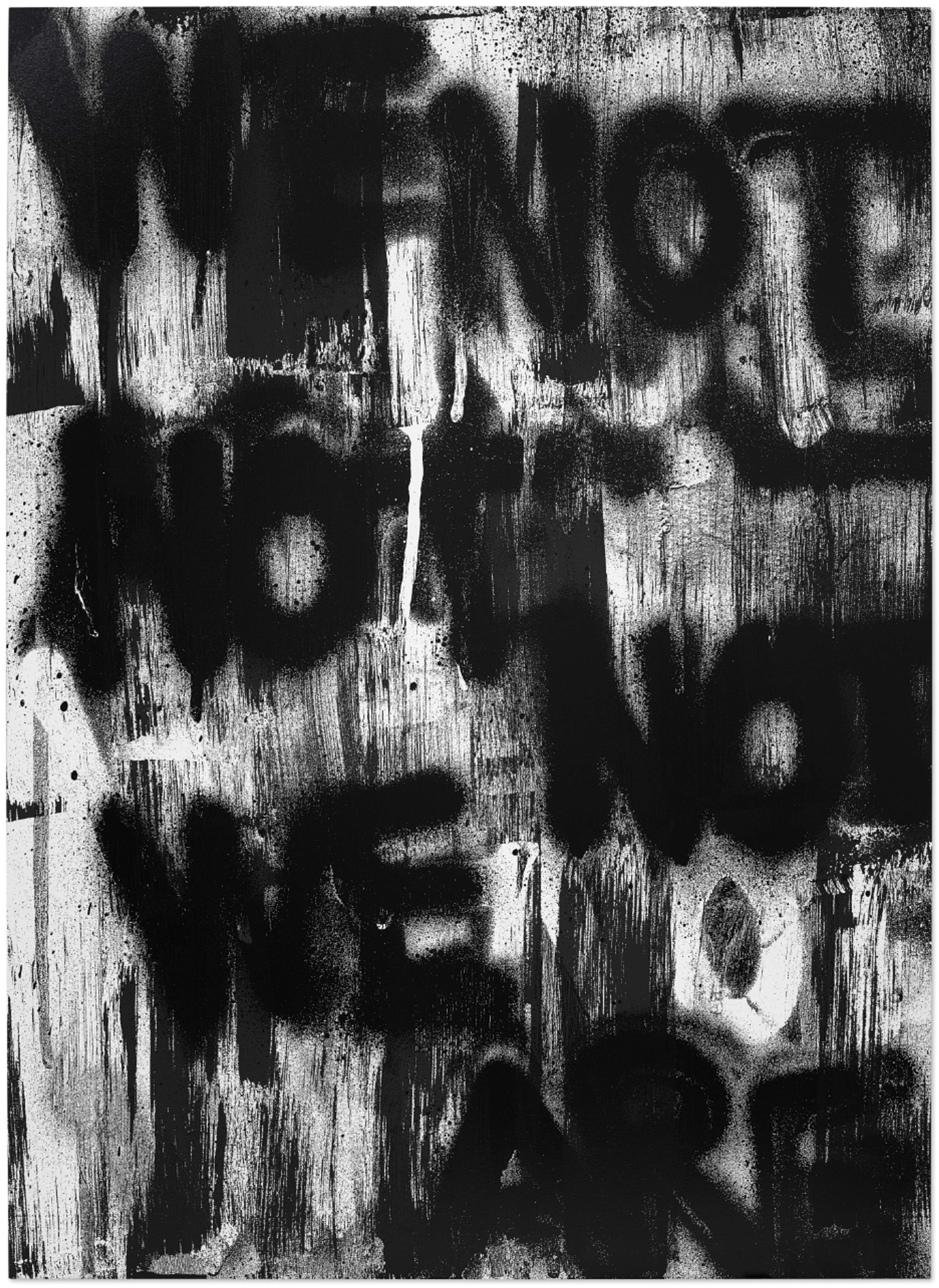 Black and white spray-painted canvas with repeated words "WE ARE NOT" featuring drips between letters and cropping.