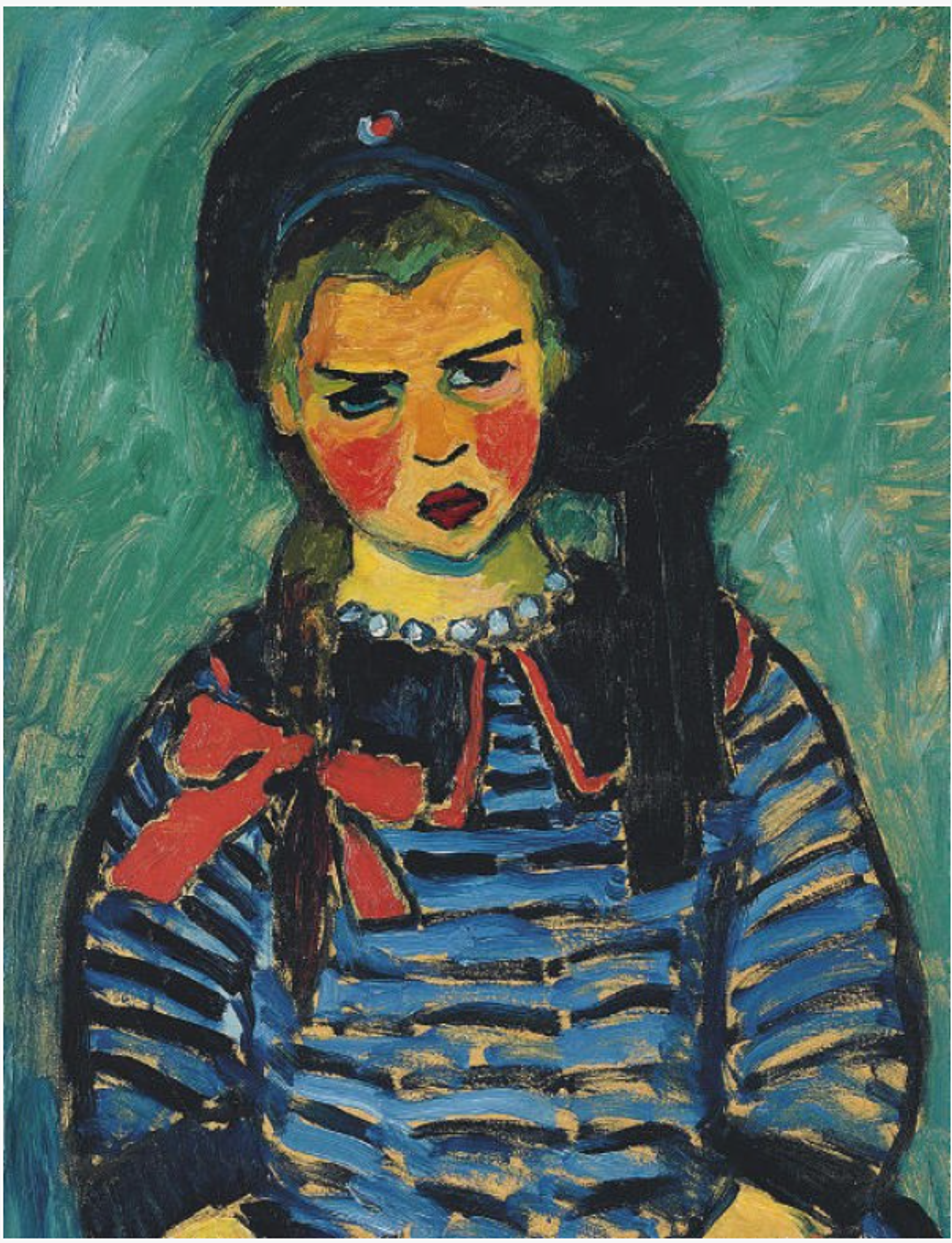 A solemn girl in a navy sailor suit, the vivid red ribbon in her braided hair contrasting a muted background of soft green. Her head is tilted slightly down, her eyebrows furrowed, and her lips pouting. She has bright red, rosy cheeks. The brushstrokes are expressive and rough, and all shapes are simplified.