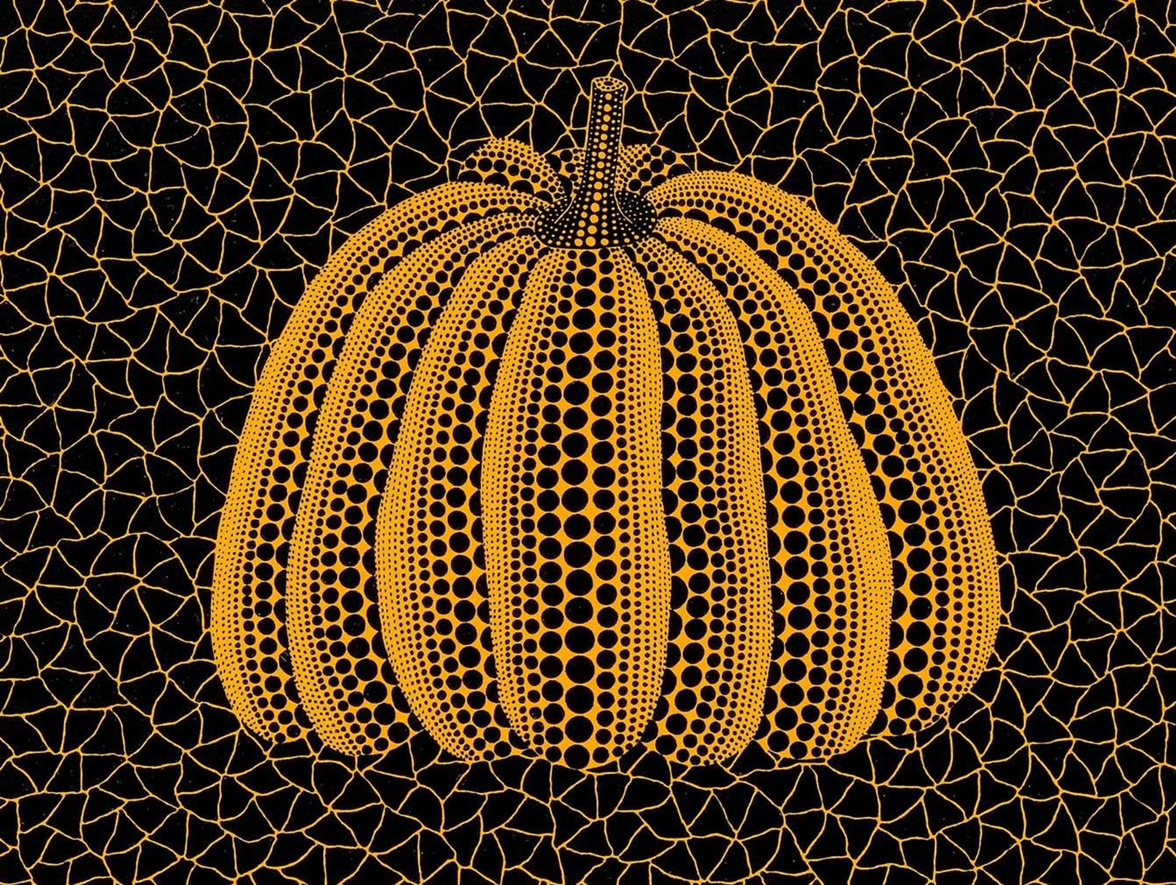 Yayoi Kusama's Pumpkin (YY) , Kusama 231. A screenprint of an orange pumpkin created out of a pattern of orange and black polka dots against a geometric patterned background