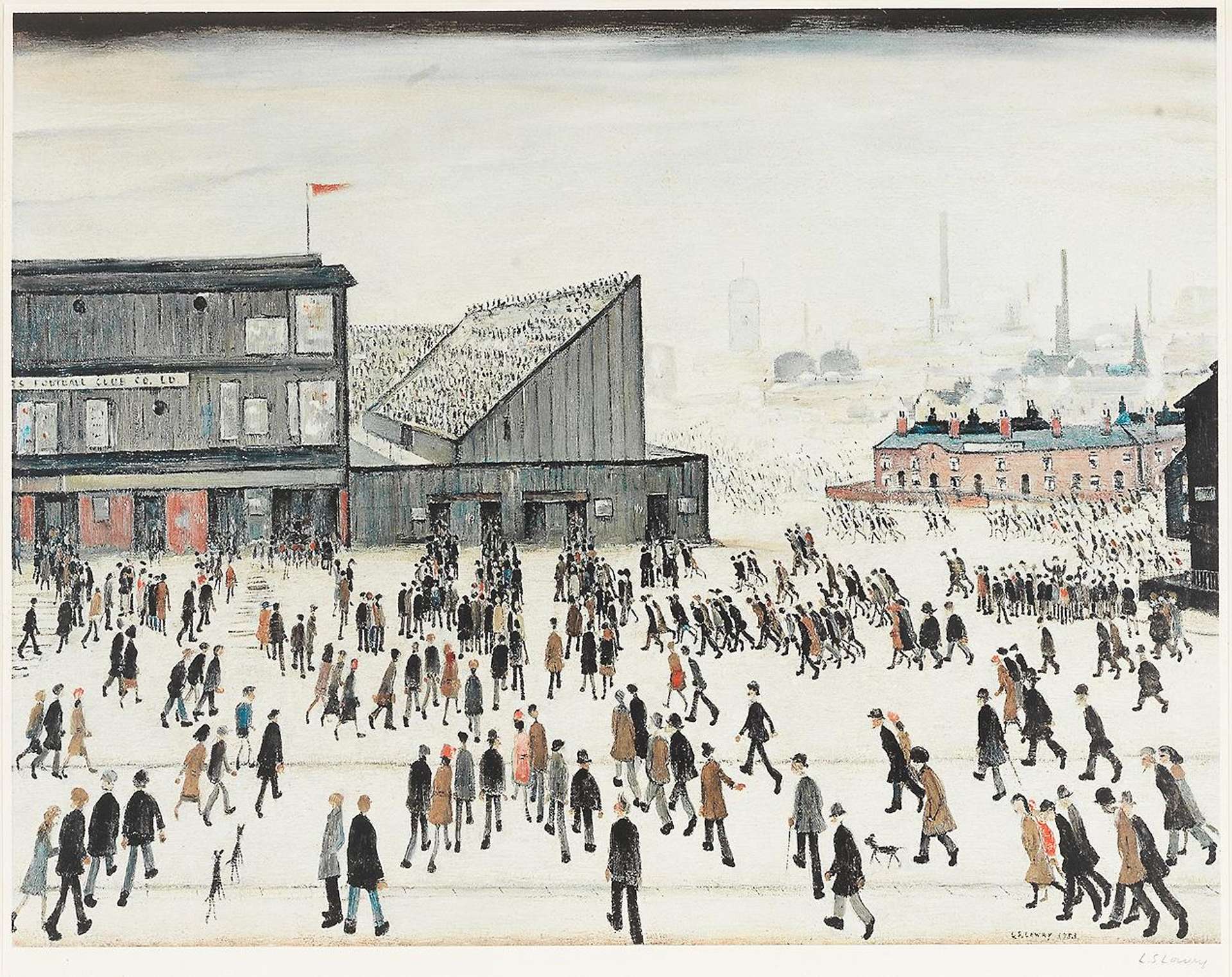 A depiction of hundreds of matchstick figures rushing toward the opening gates of the football in Northern England depicted in a muted colour palette. 