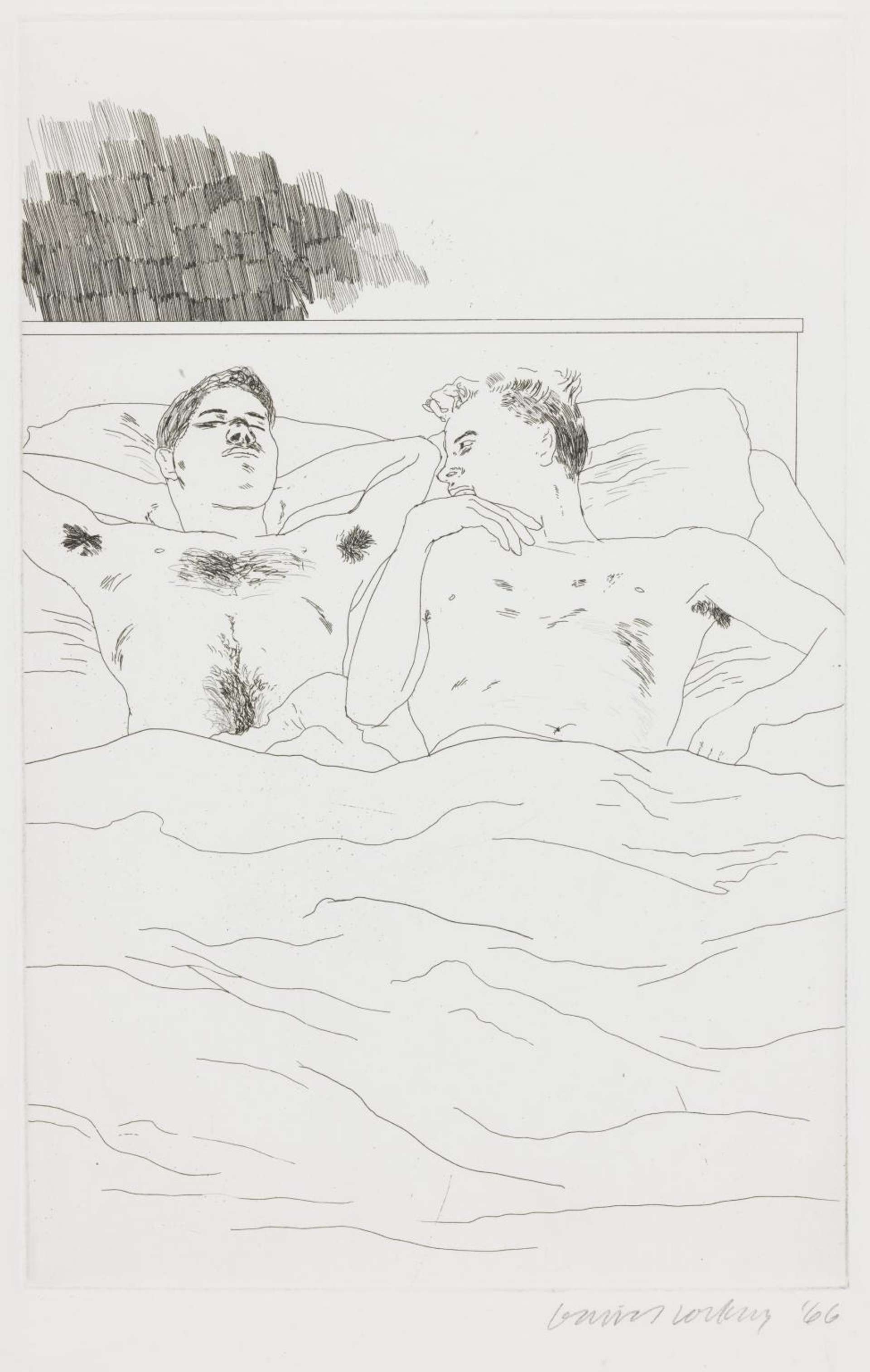 David Hockney’s In The Dull Village. An intaglio print of two men lying next to each other in a bed. 