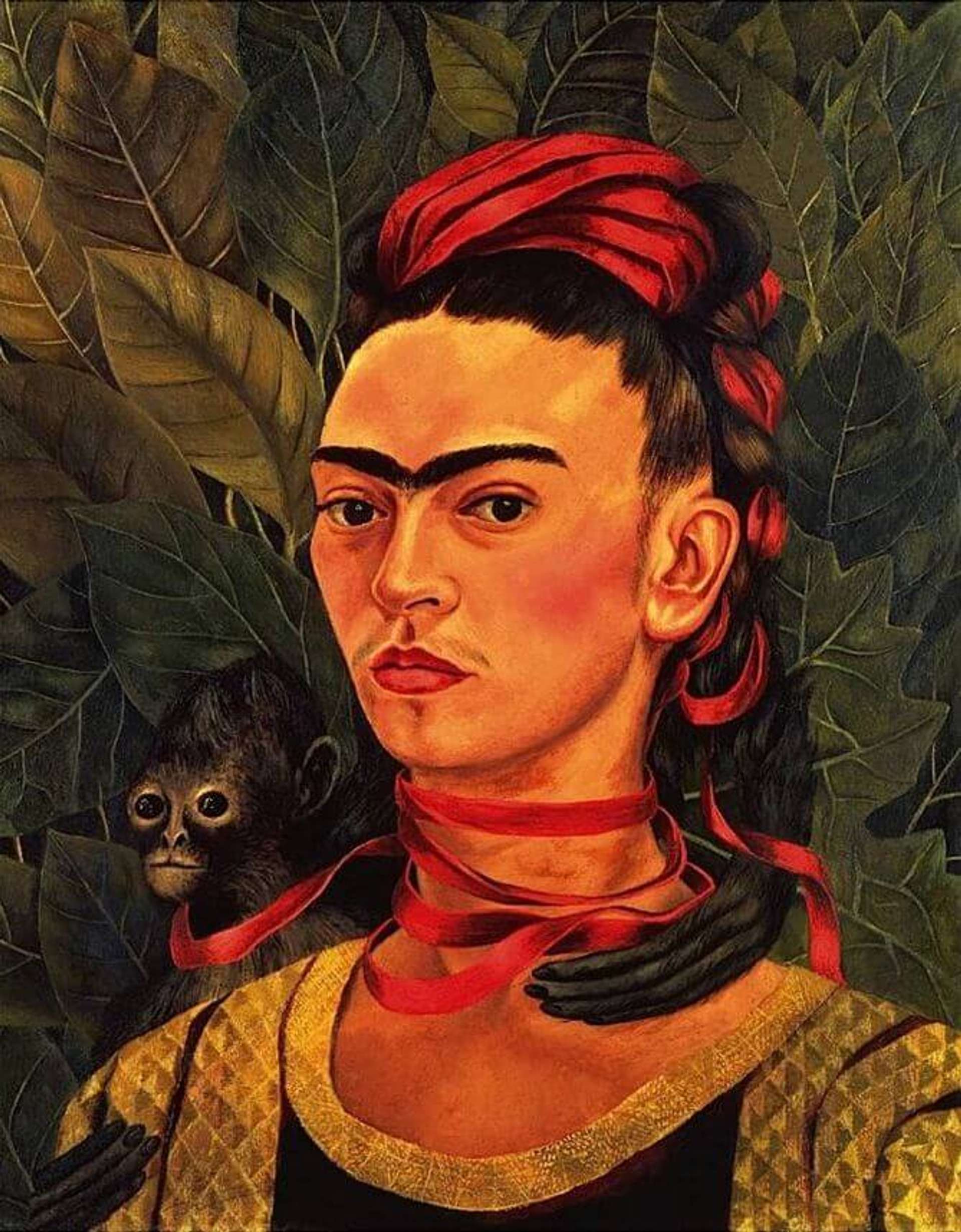 Frida Kahlo’s Self Portrait With Monkey. A painting of Frida Kahlo wearing a red ribbon in her hair that comes down to wrap around her neck, and the neck of the monkey beside her.