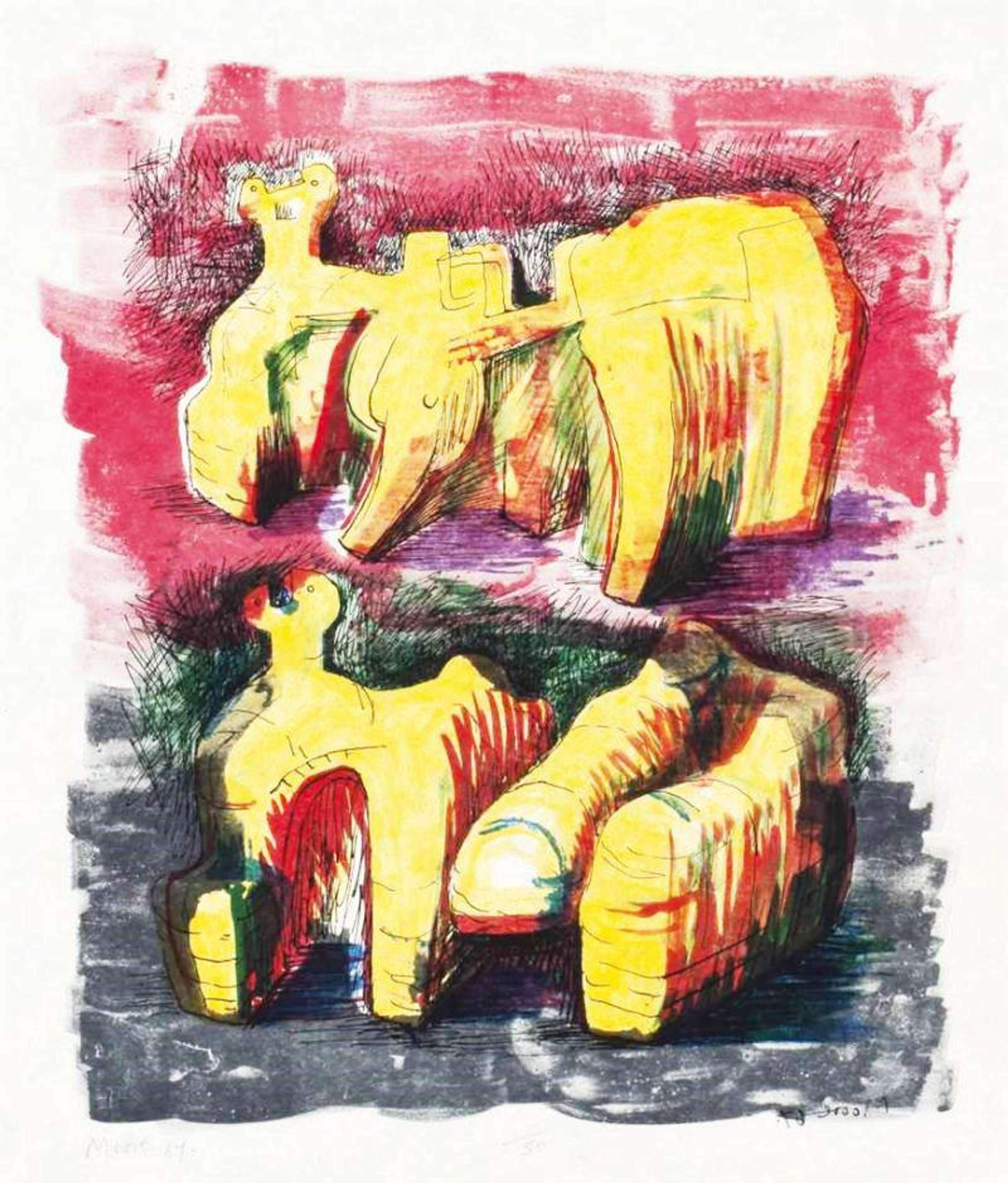 Two Reclining Figures In Yellow And Red - Signed Print by Henry Moore 1967 - MyArtBroker