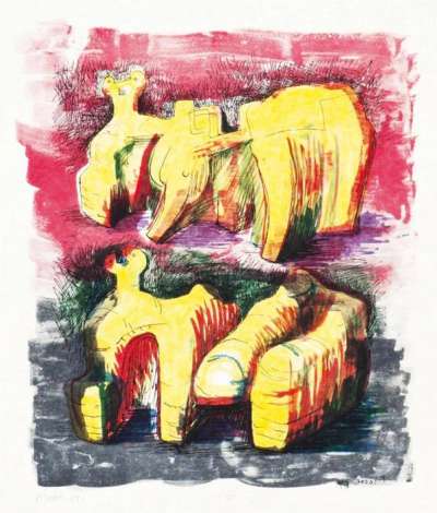 Two Reclining Figures In Yellow And Red - Signed Print by Henry Moore 1967 - MyArtBroker