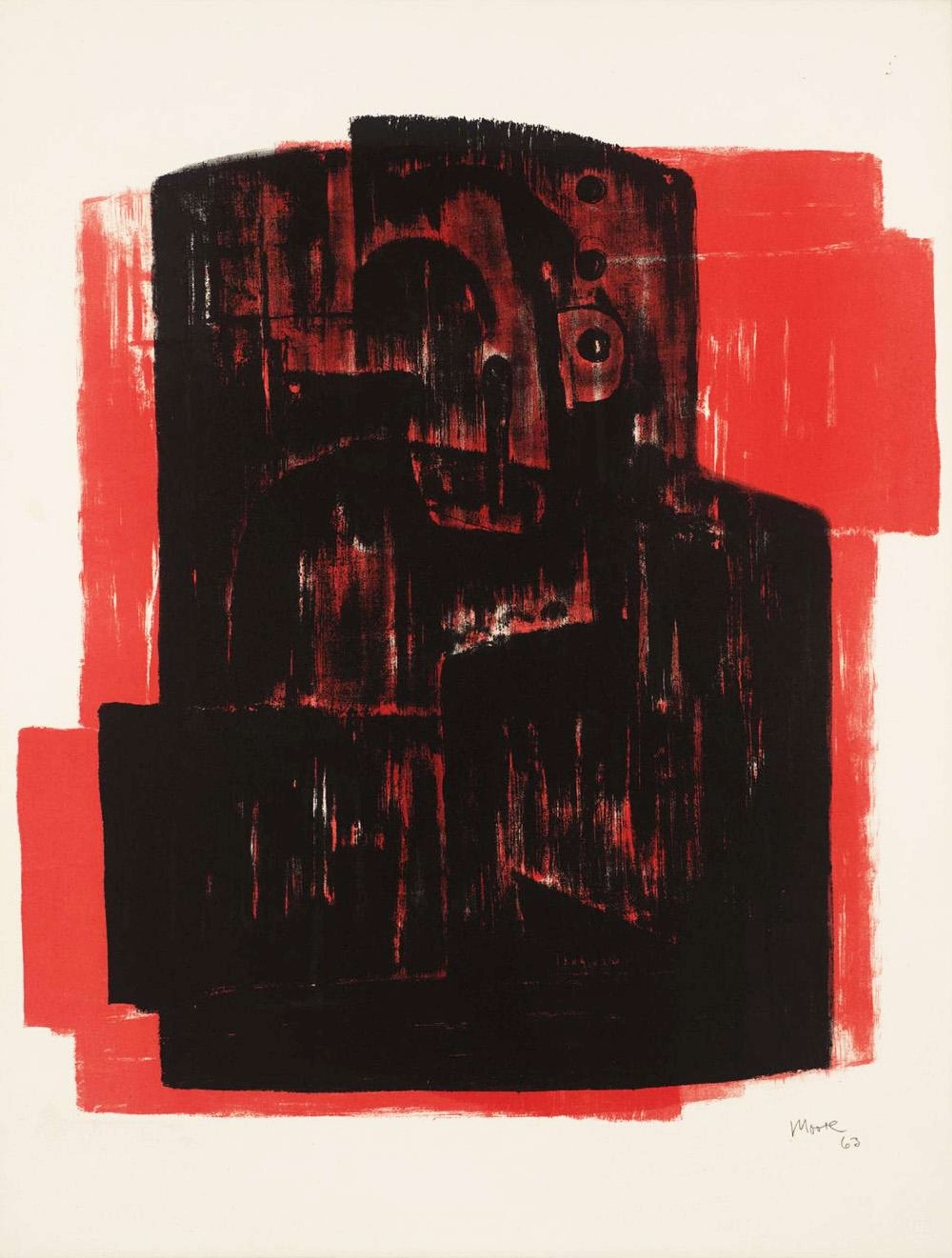 An abstract painting comprised of oblong blocks of red and black paint