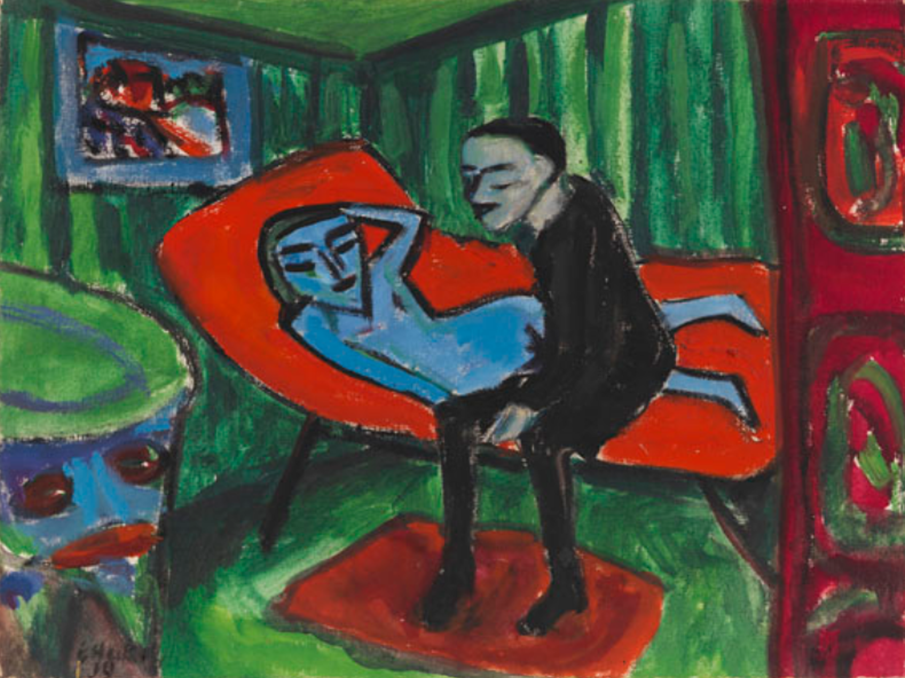 An Expressionist painting showing two figures in a green room - one nude in blue reclining on a red bed or couch, one in black sitting upright on the edge of the couch. The scene uses bold, vibrant colours and simplified forms.