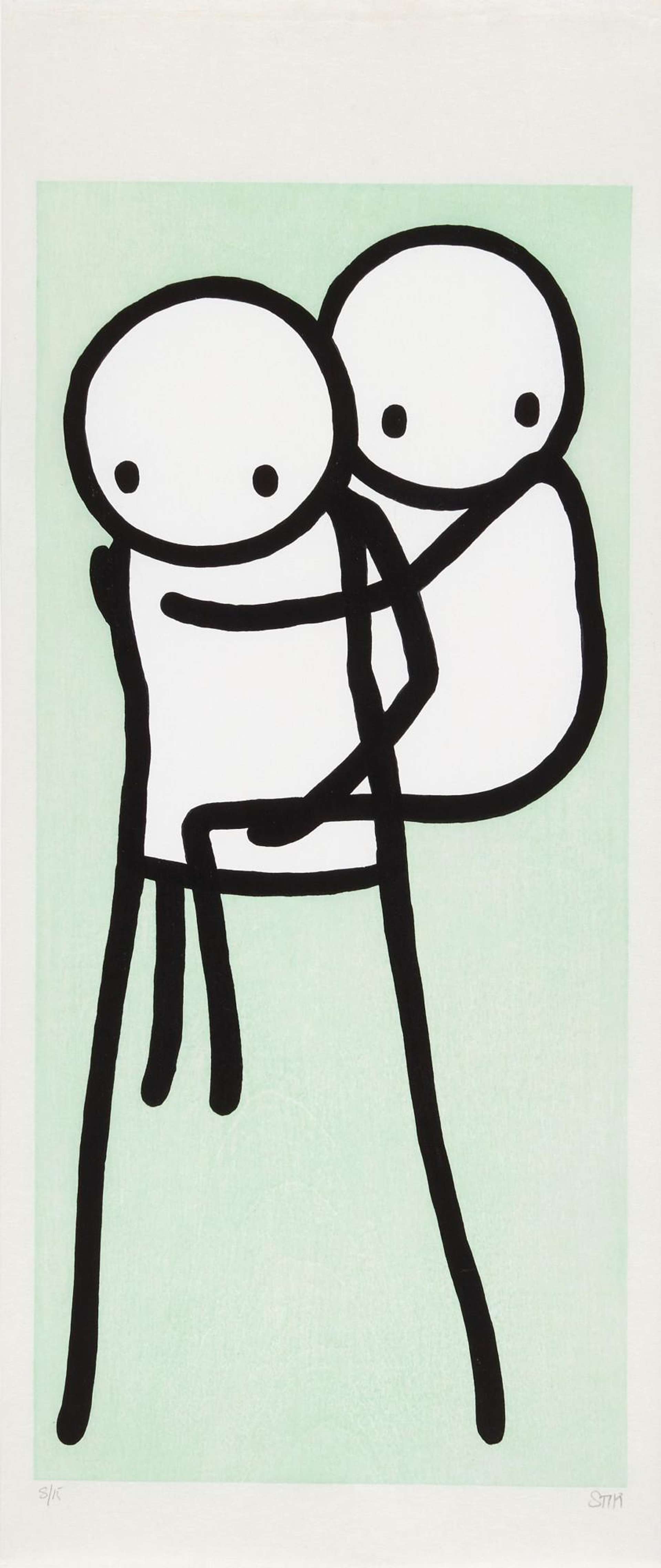 STIK’s Onbu (green). A screenprint of two stick figures, one riding on the back of the other that is standing up.