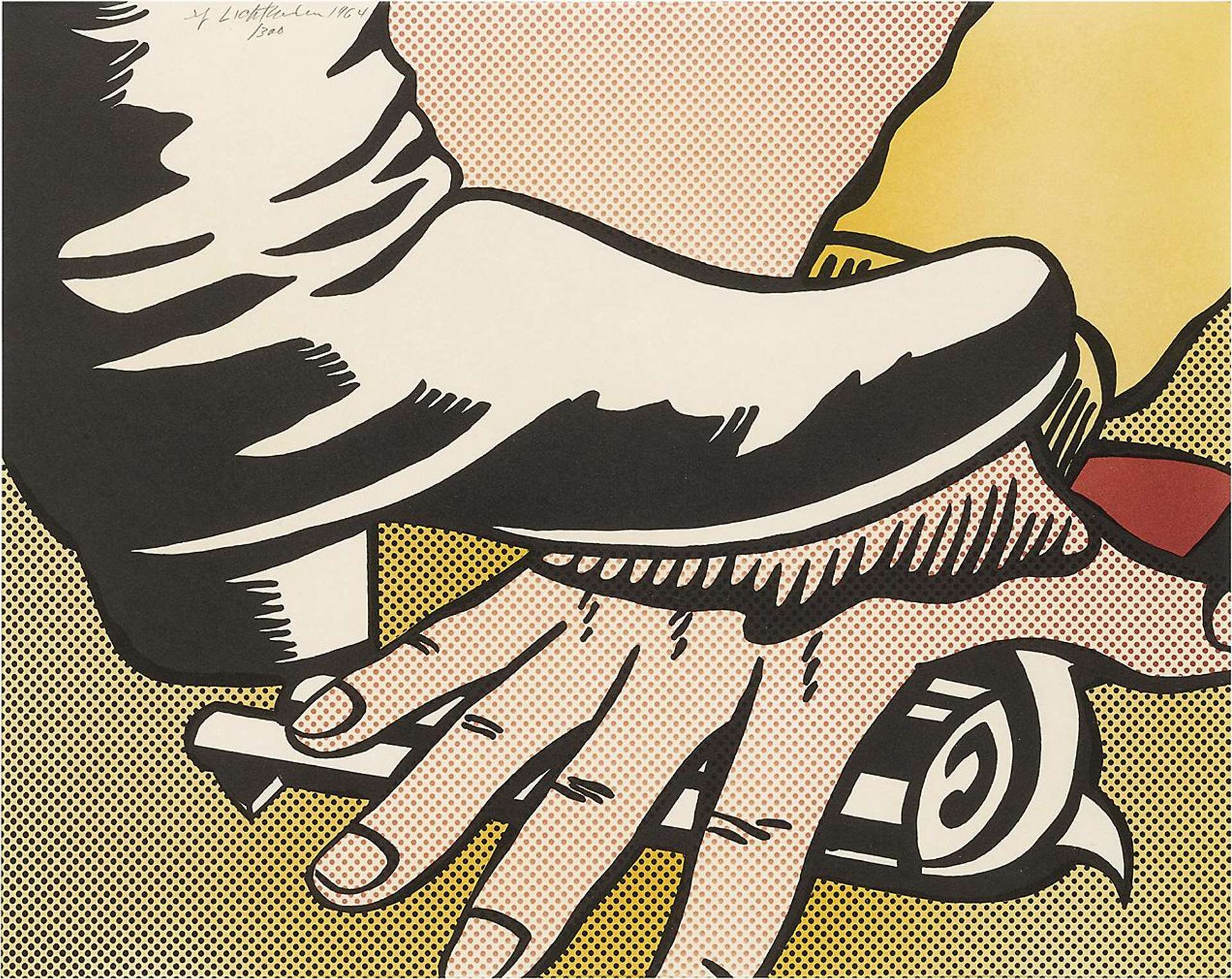 Lichtenstein captures the moment in which a booted foot stomps on a hand reaching for a gun. The colour palette is scarce but strong, while the minimal shading evokes a flattened surface appearance. Lichtenstein applies simple black outlines and Ben Day dots to delimit the volume and dimension of his shapes.