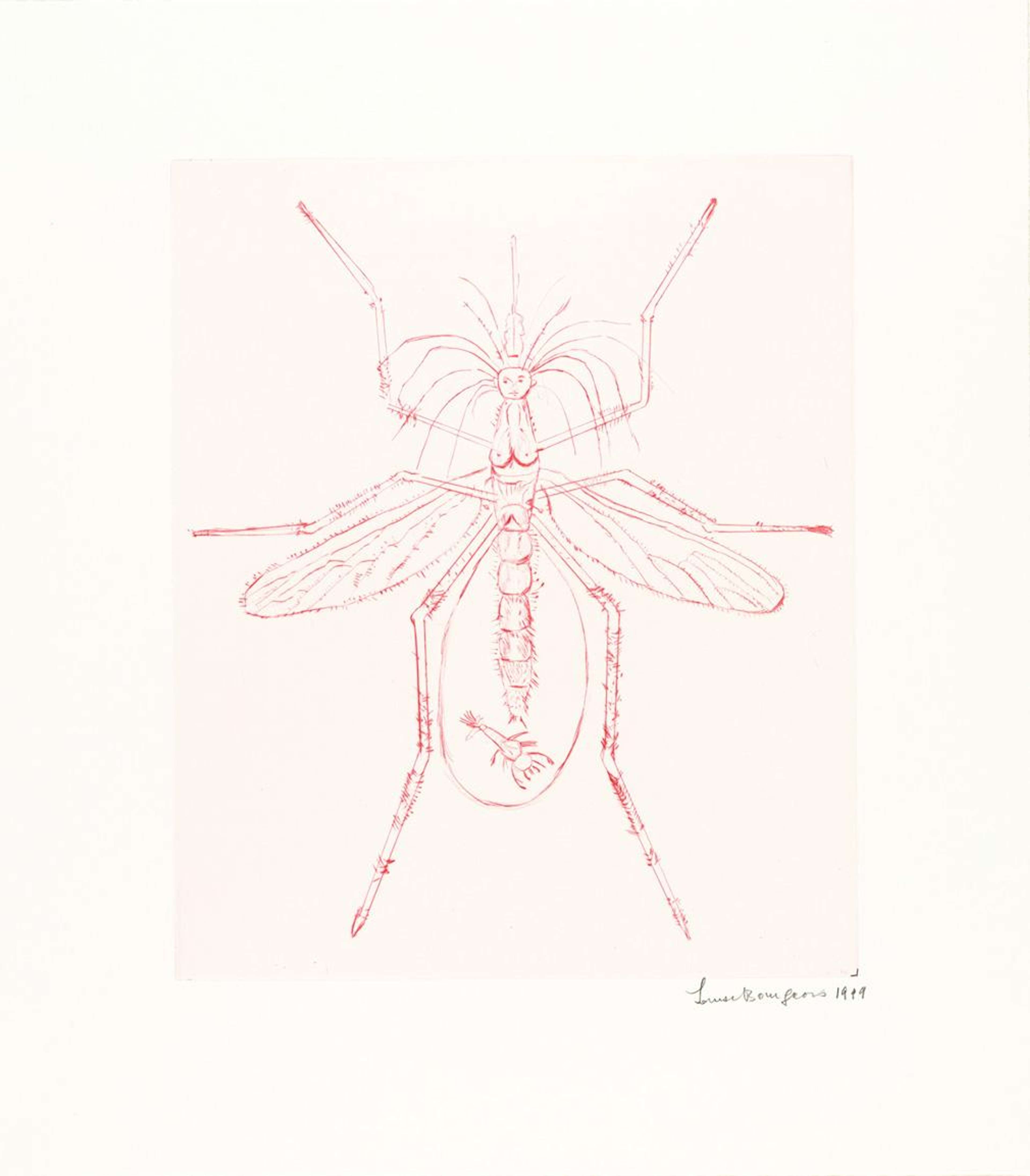 Louise Bourgeois’ Mosquito. A drypoint print of a red mosquito in the likeness of a woman with a child in its womb.