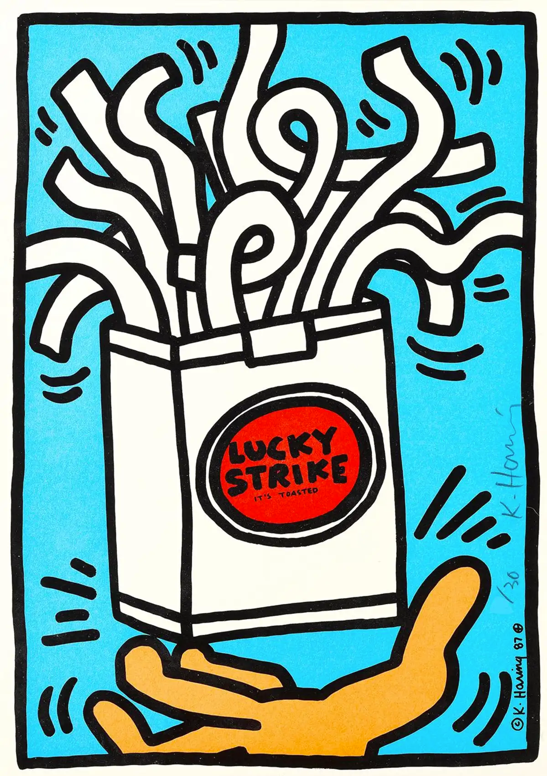 The print depicts the Lucky Strike packaging with cigarettes protruding from the box in swirling shapes. A hand rendered in orange touches the box on the edges, holding it from the bottom. The drawing is sketched in bold black lines.