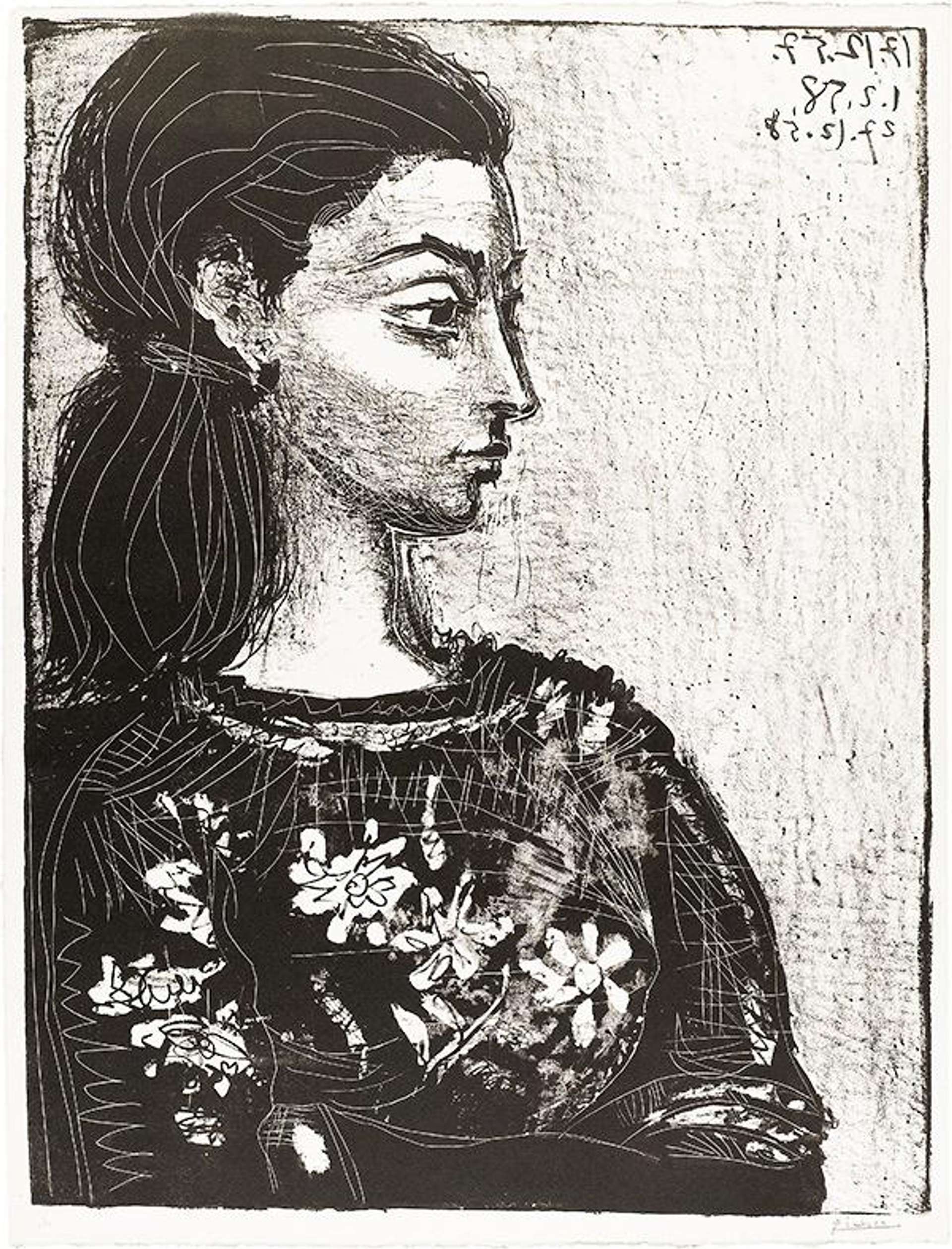 An image of the print Femme Au Corsage À Fleurs by Pablo Picasso. It is done in black and white, and shows a woman's side profile white she presses flowers against her bosom.