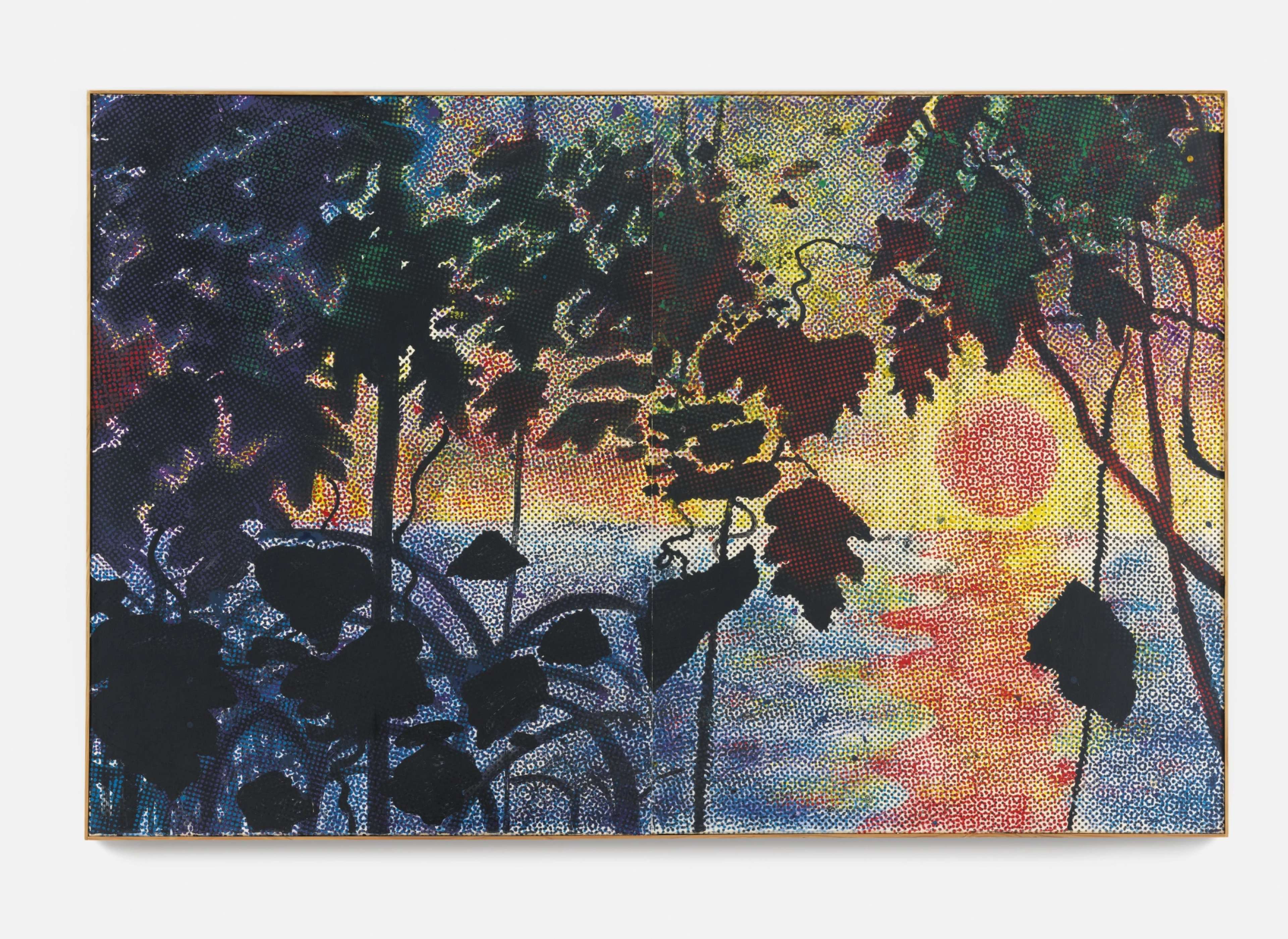 Lush tropical foliage emerges through a dense field of hand-painted dots in varying olive greens and dark browns, behind which is a high contrast red and orange sunset over rippling blue water.