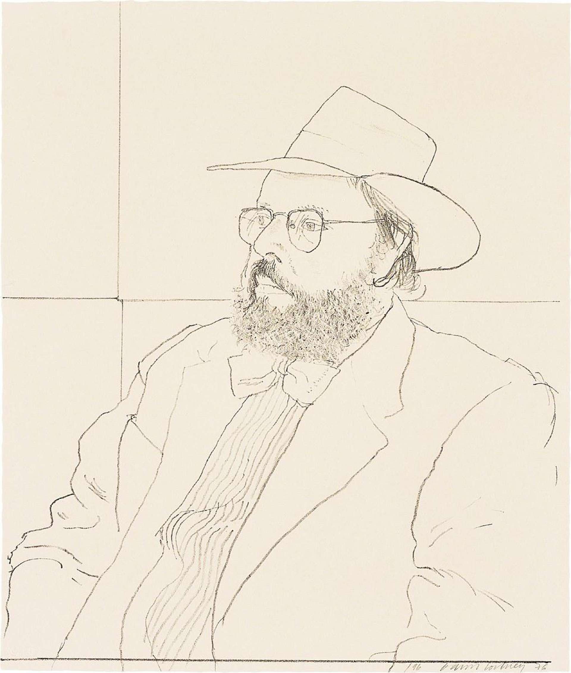David Hockney’s Henry Geldzahler With Hat. A lithographic print of a drawing of a bearded man wearing glasses, seated, wearing a suit, bow tie and a fedora style hat.