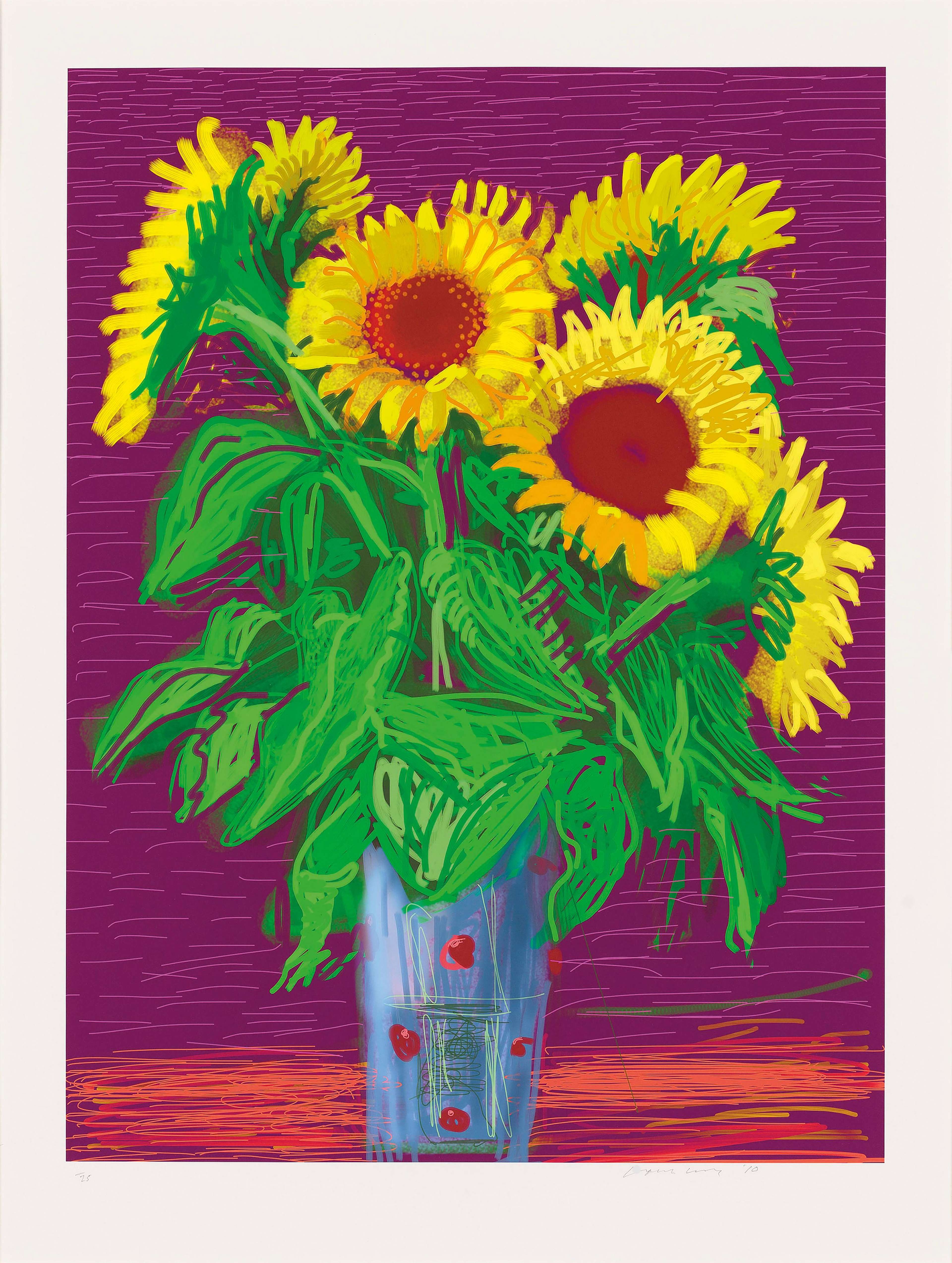 This print by David Hockney shows a vase of bright yellow sunflowers, against a purple and pink background.